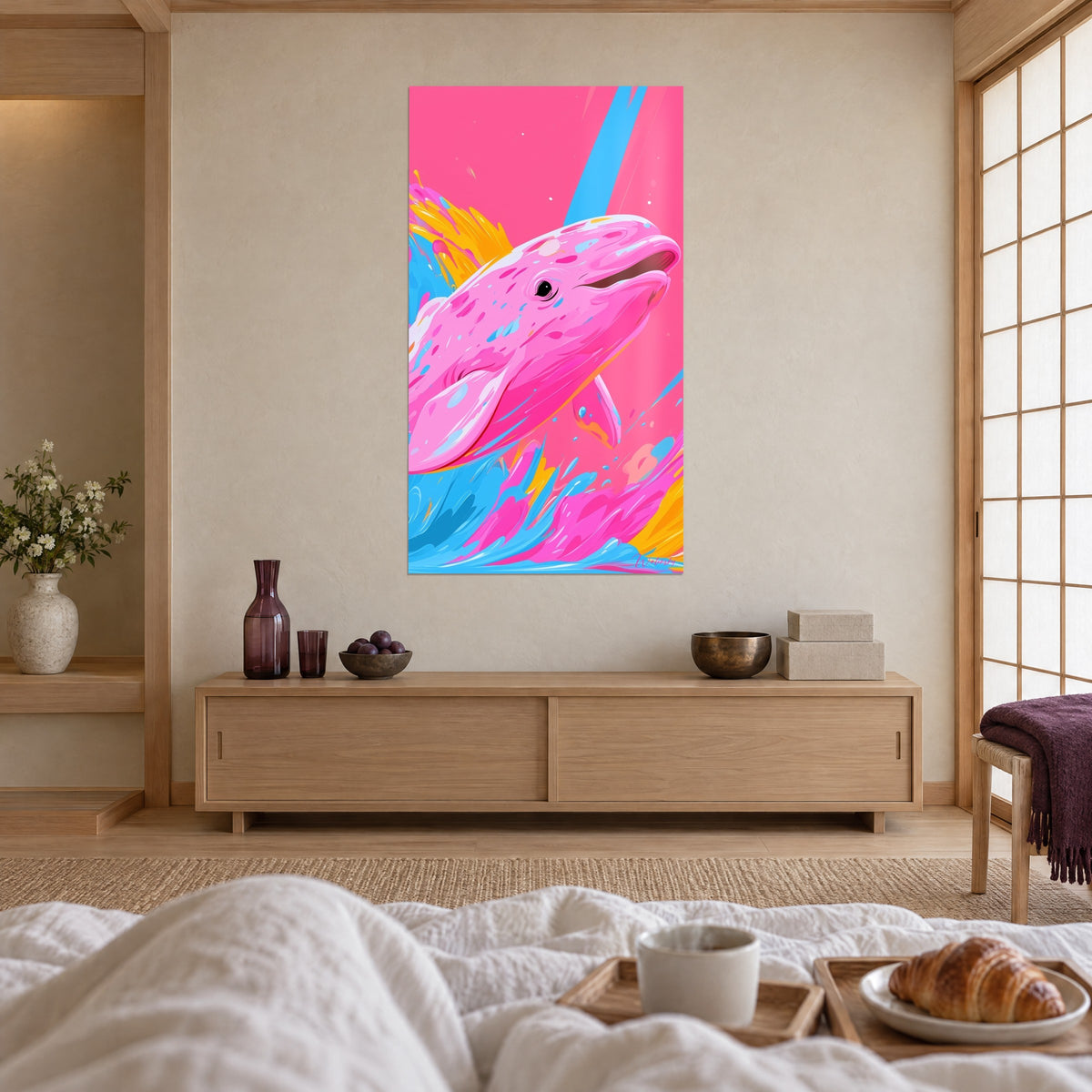 Tableau dauphin blanc rose vif cabré dans les vagues bleu azur et orangé, au-dessus d'un lit dans une chambre claire