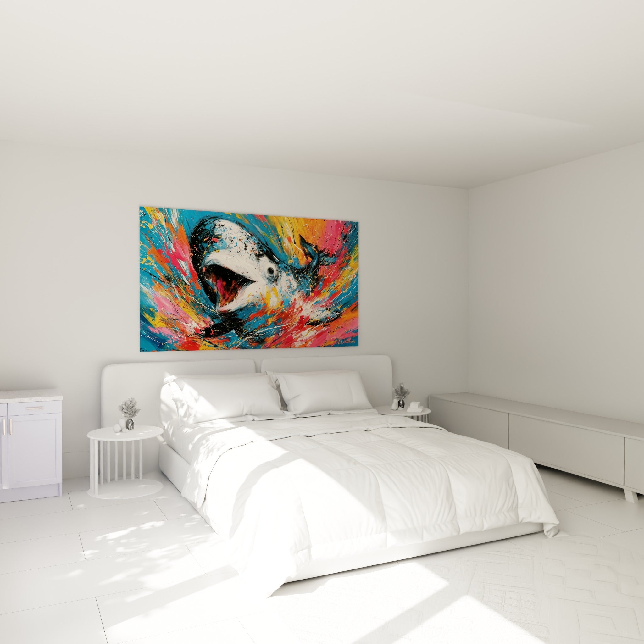 Museau blanc du beluga jaillissant d'éclats orange, accroché au-dessus d'un lit dans une chambre claire