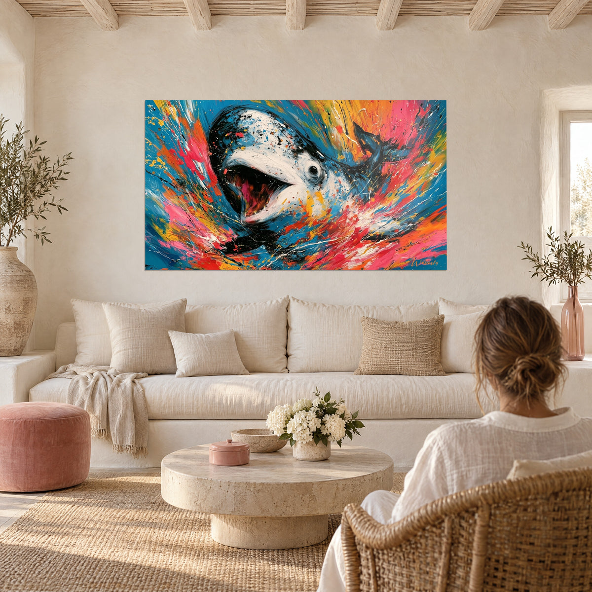 Tableau béluga hurlant dans un tourbillon rose et bleu marine, éclaboussures jaunes, au-dessus d'un canapé dans un salon lumineux