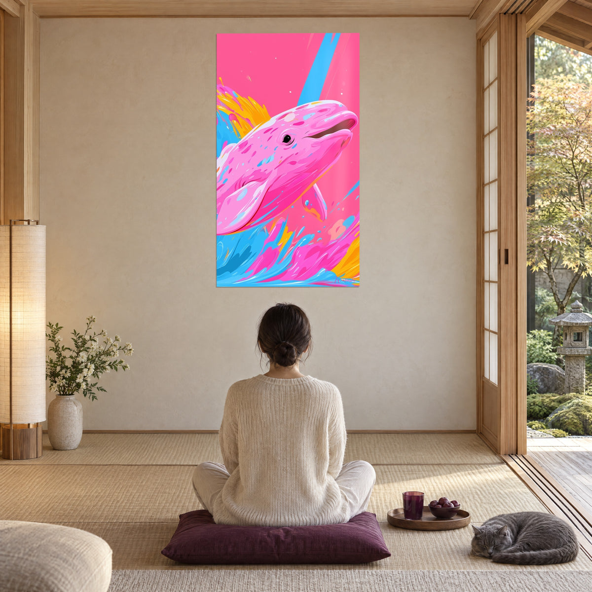 Tableau grand béluga rose néon surgissant d'écume bleue et dorée, salle zen aux baies vitrées avec chat gris endormi