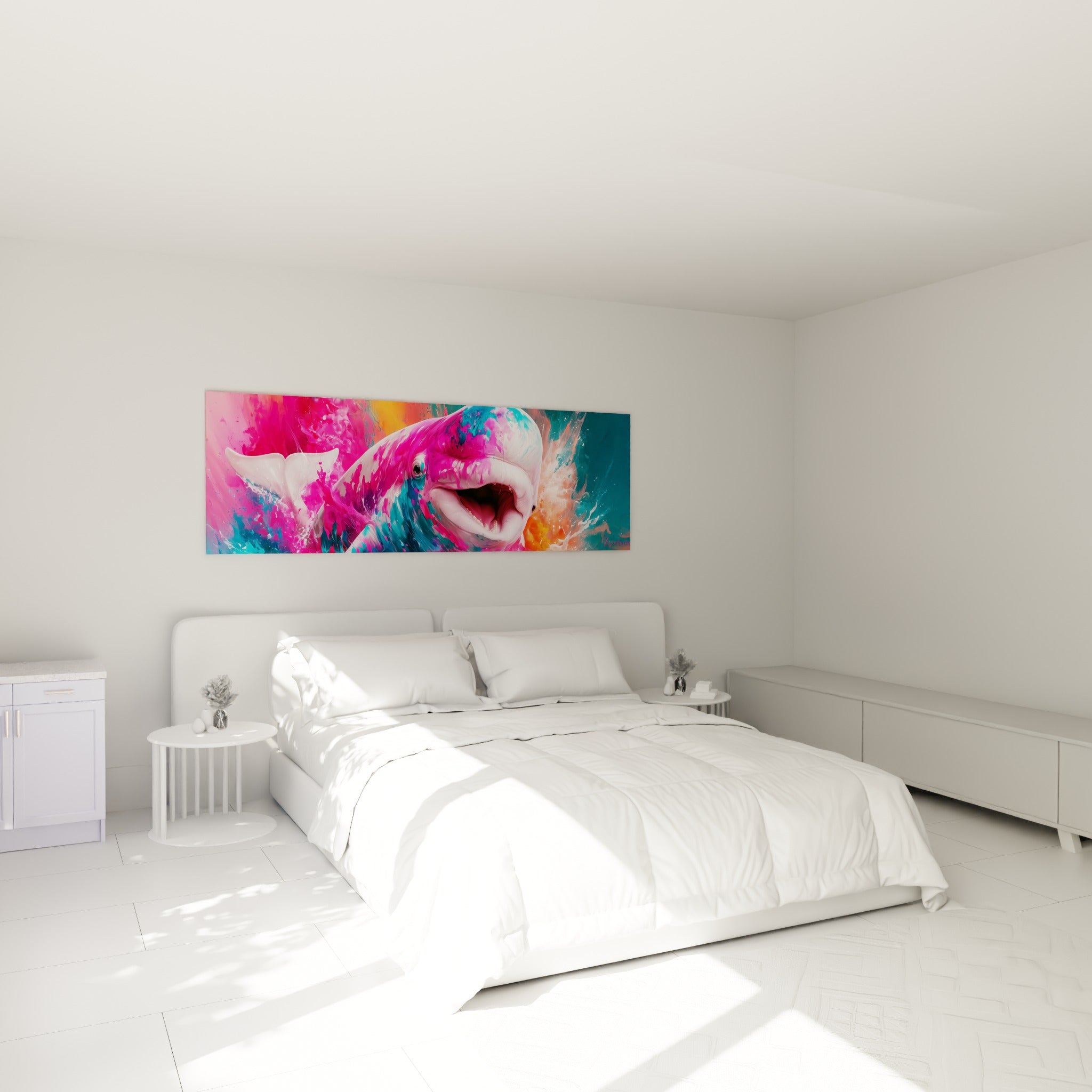 Cétacé rose et turquoise jaillissant, tableau accroché au-dessus d'un lit dans une chambre claire