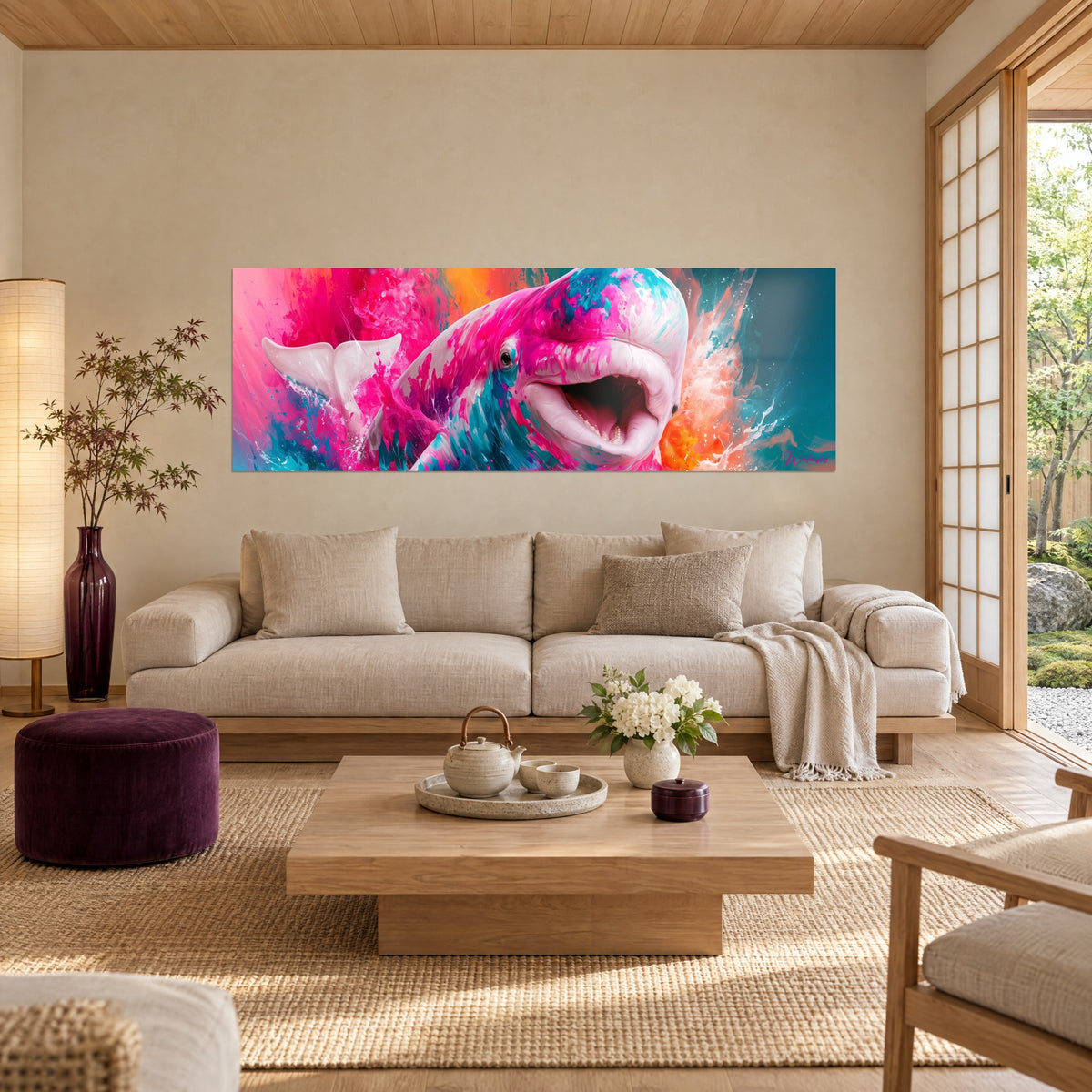 Tableau béluga hilare aux éclaboussures fuchsia et turquoise, queue blanche à gauche, au-dessus d'un canapé dans un salon lumineux
