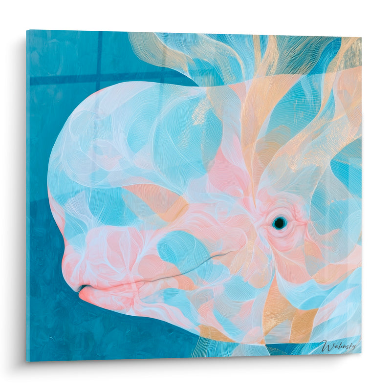 Tableau Beluga rose doré fond bleu profond - Songe marin doré - Edition Beluga