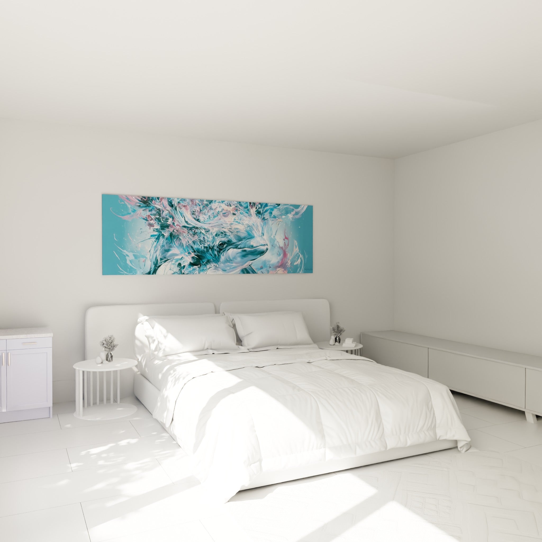 Créature marine bleu marine et rose surgissant d'éclaboussures, au-dessus d'un lit dans une chambre claire
