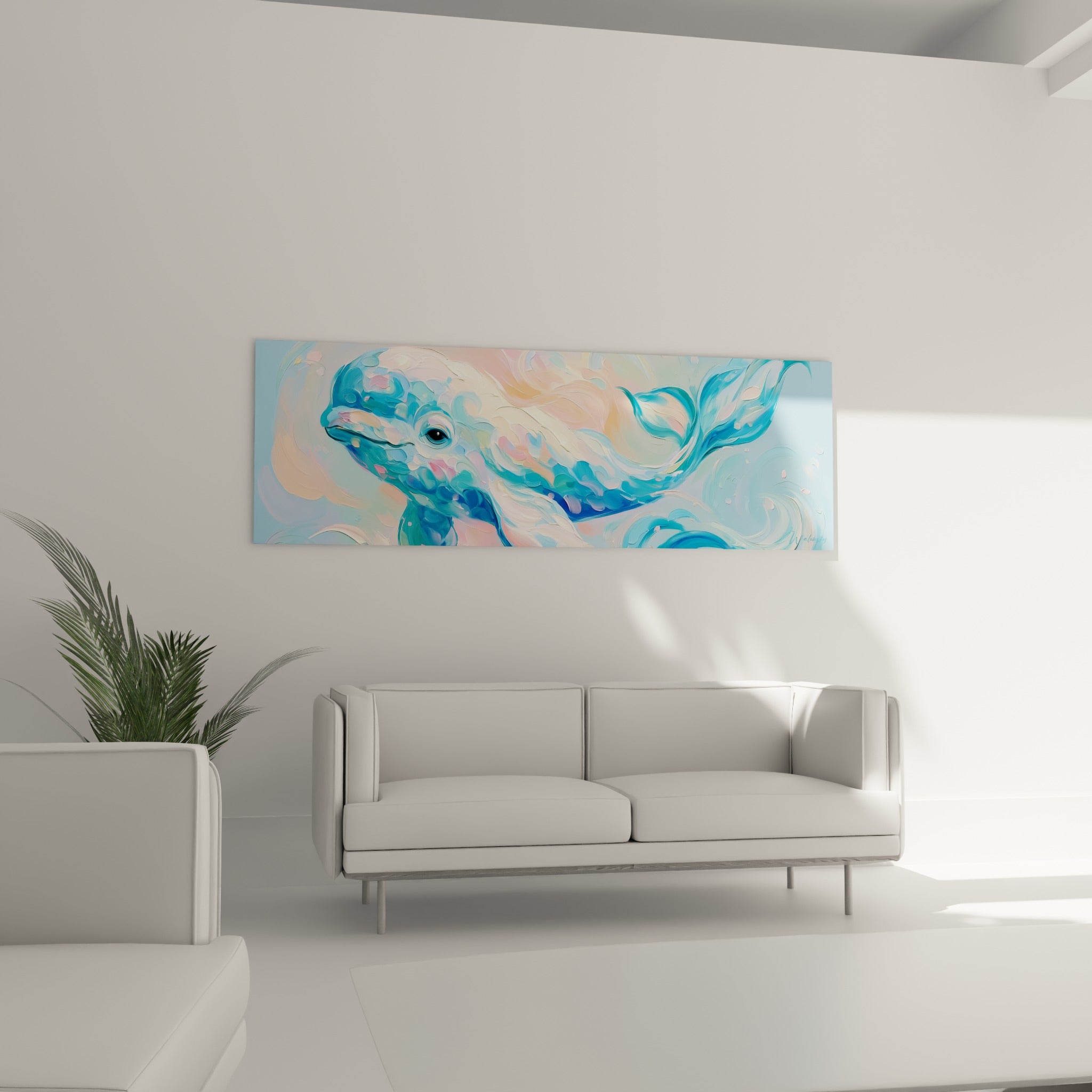 Silhouette fluide d'un beluga rose pêche et bleu pastel, positionnée au-dessus d'un canapé dans un salon lumineux