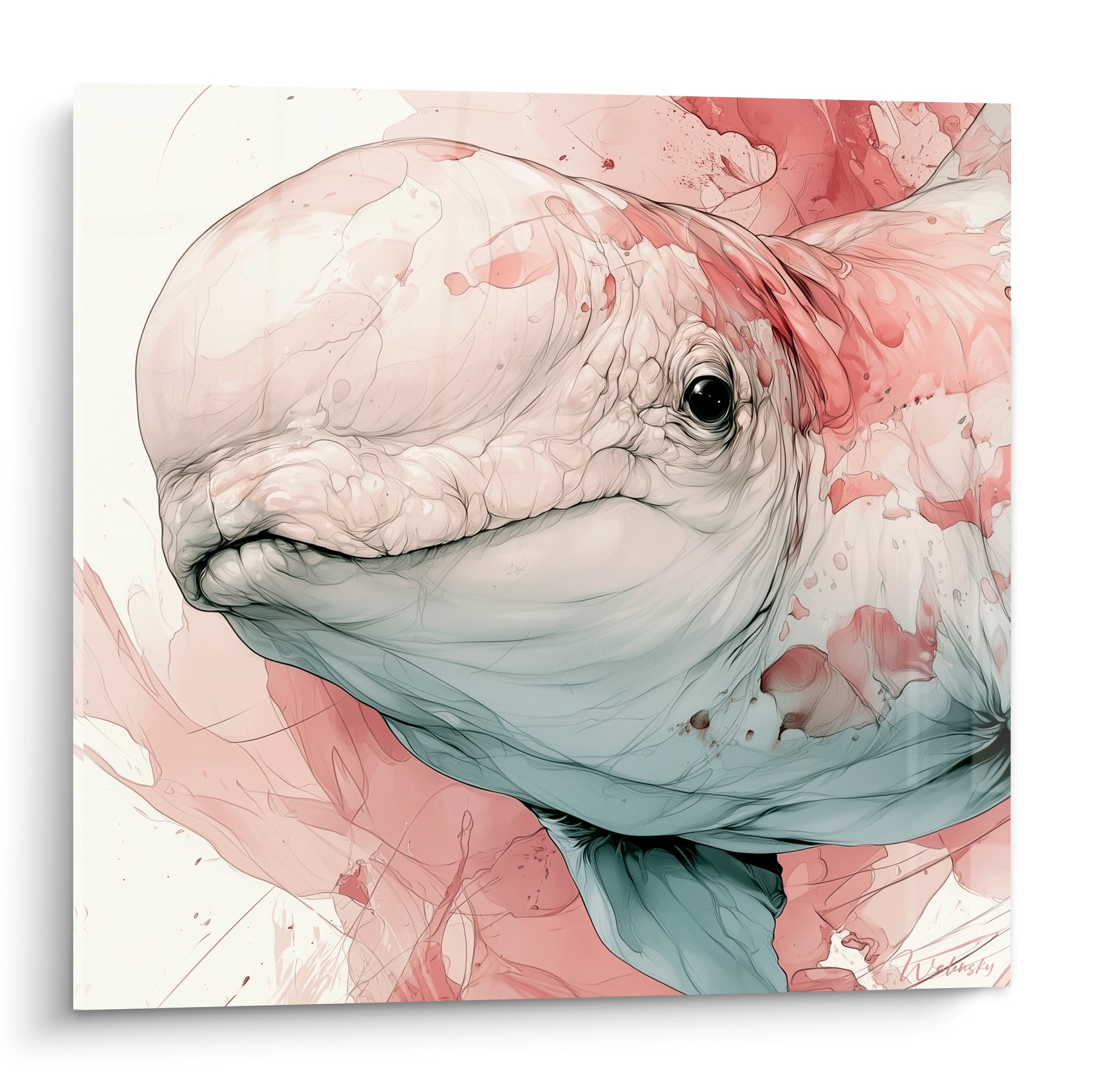 Beluga au regard noir intense, aquarelle rose poudré et bleu gris sur fond ivoire