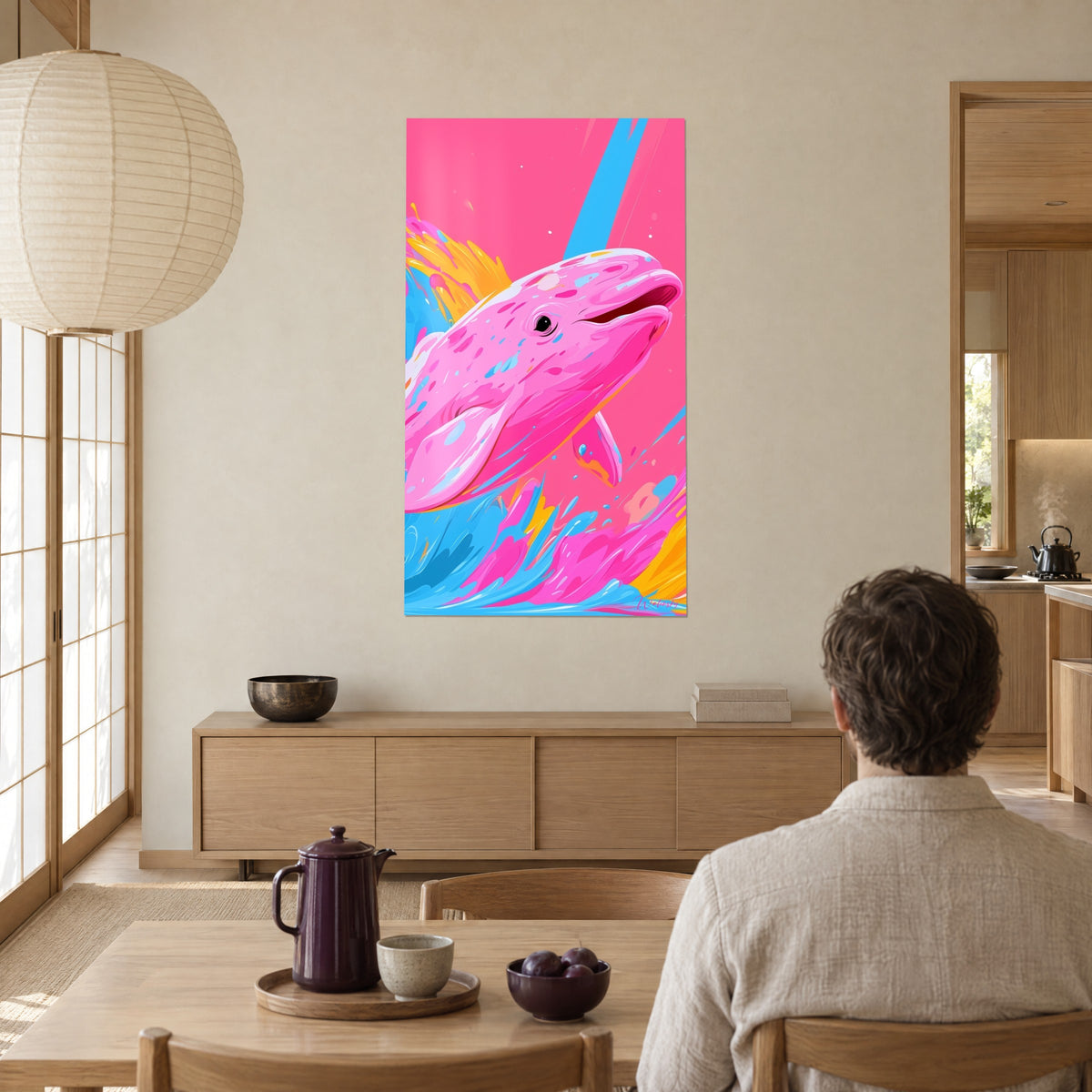 Tableau mammifère marin rose fuchsia aux taches bleues, fond rose pastel et traînée azur, face à une table en bois clair