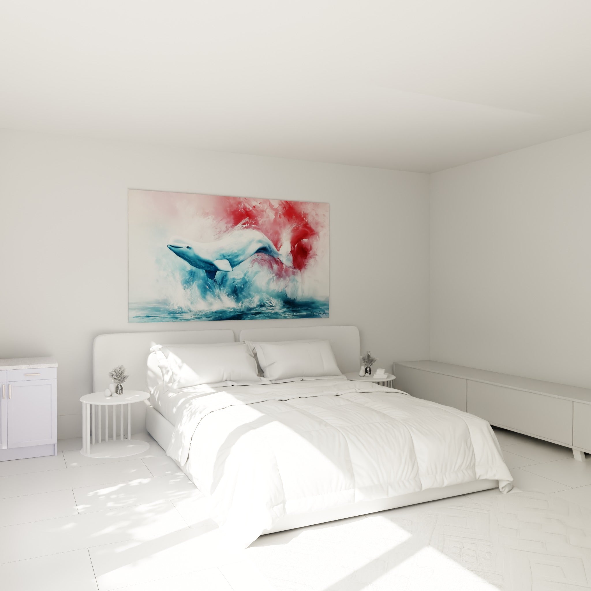 Beluga blanc bondissant sur fond rouge carmin, accroché au-dessus d'un lit dans une chambre claire