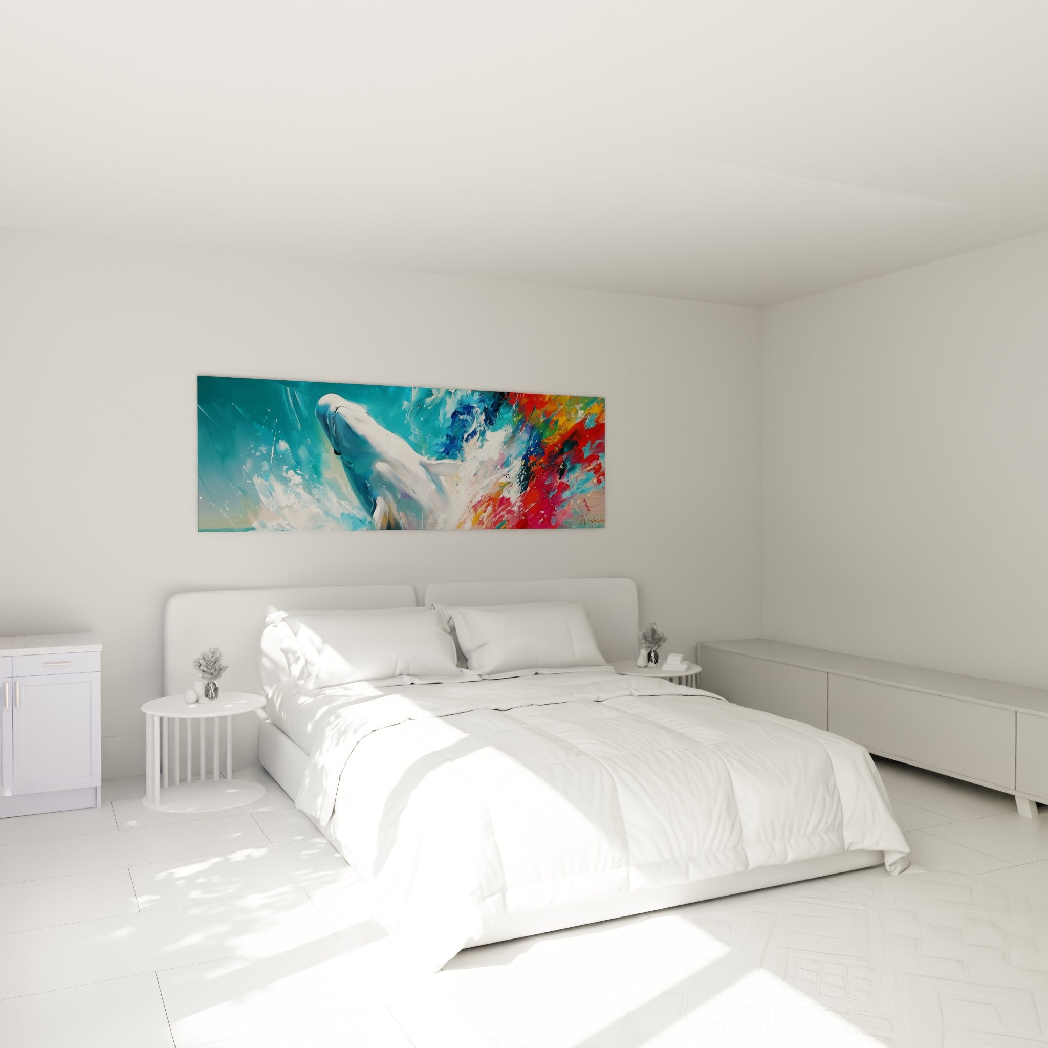 Créature marine blanche émergeant du bleu marine et du rouge éclatant, accrochée au-dessus d'un lit dans une chambre claire