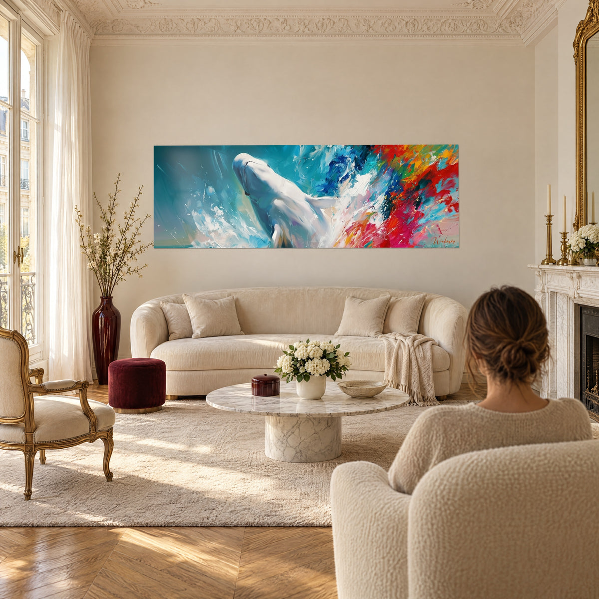 Tableau béluga blanc jaillissant d'un fond turquoise, éclaboussures rouges et orangées, au-dessus d'un canapé dans un salon lumineux