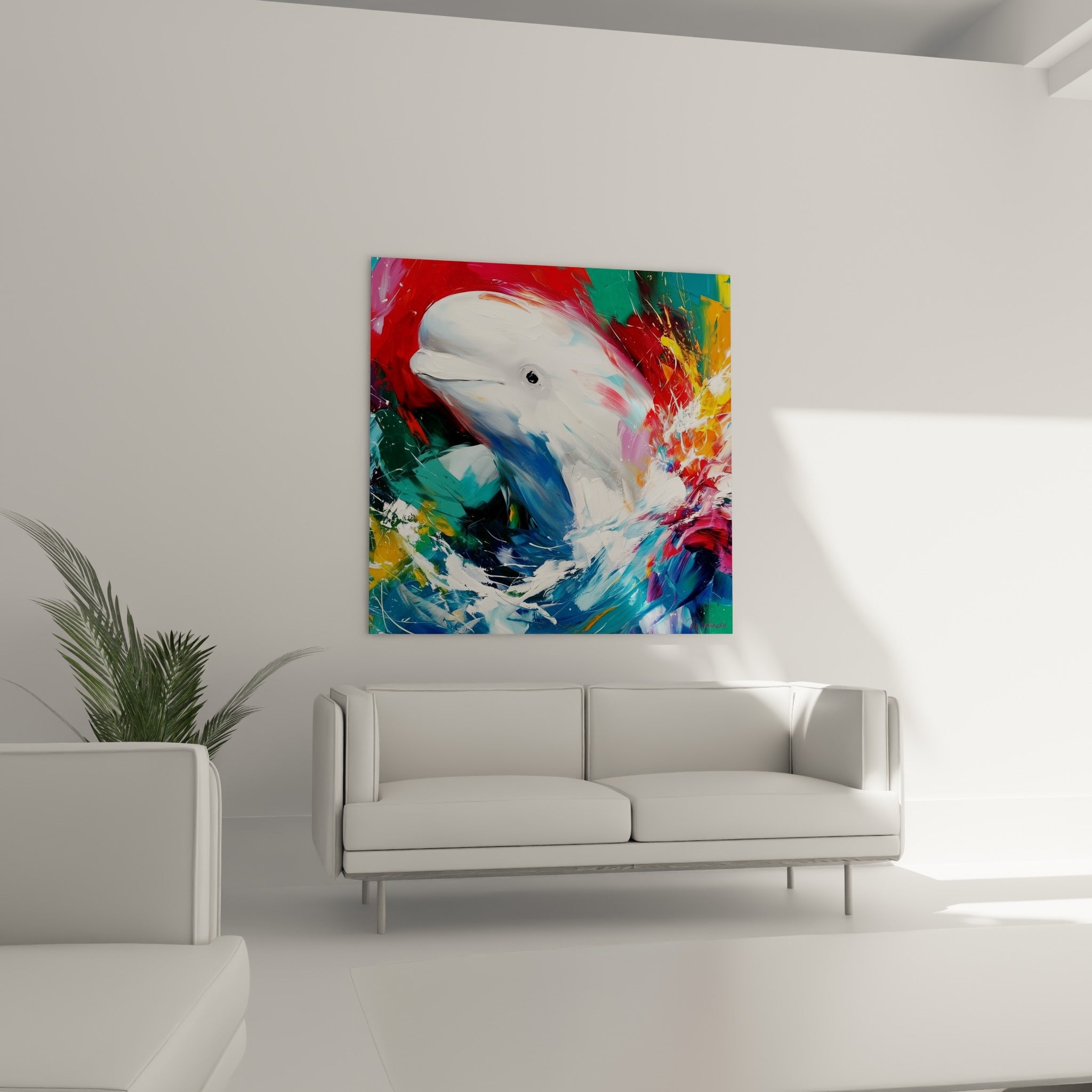 Tête de beluga blanche sur fond rouge et doré éclatant, au-dessus d'un canapé dans un salon lumineux