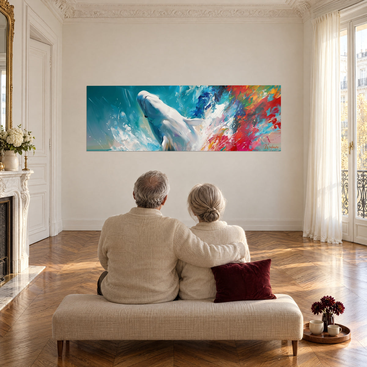 Tableau béluga blanc cabré dans un tourbillon turquoise, coulures magenta et dorées, contemplé par un couple assis sur un banc beige