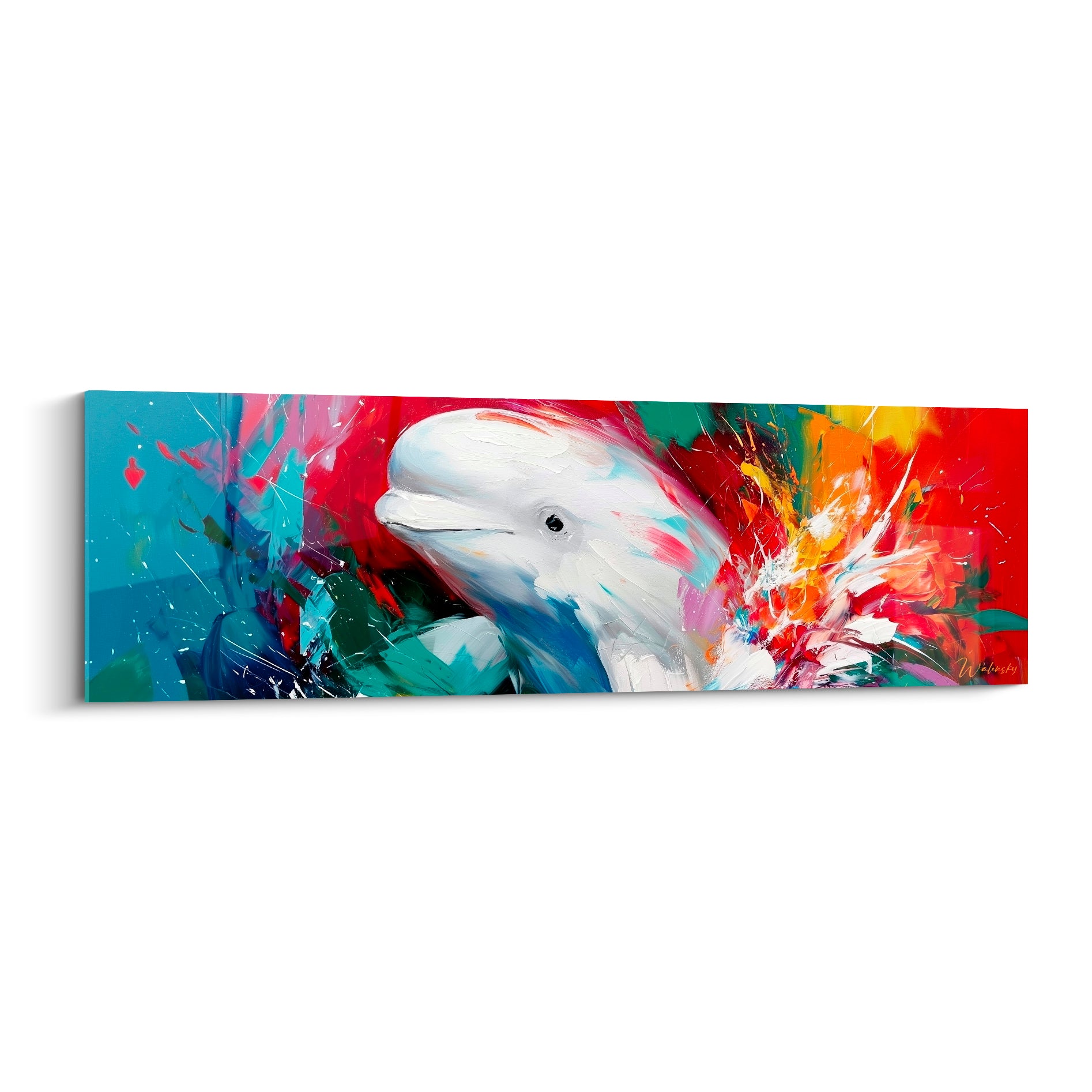 Beluga blanc au regard doux entouré d'éclaboussures rouge et bleu turquoise sur toile panoramique