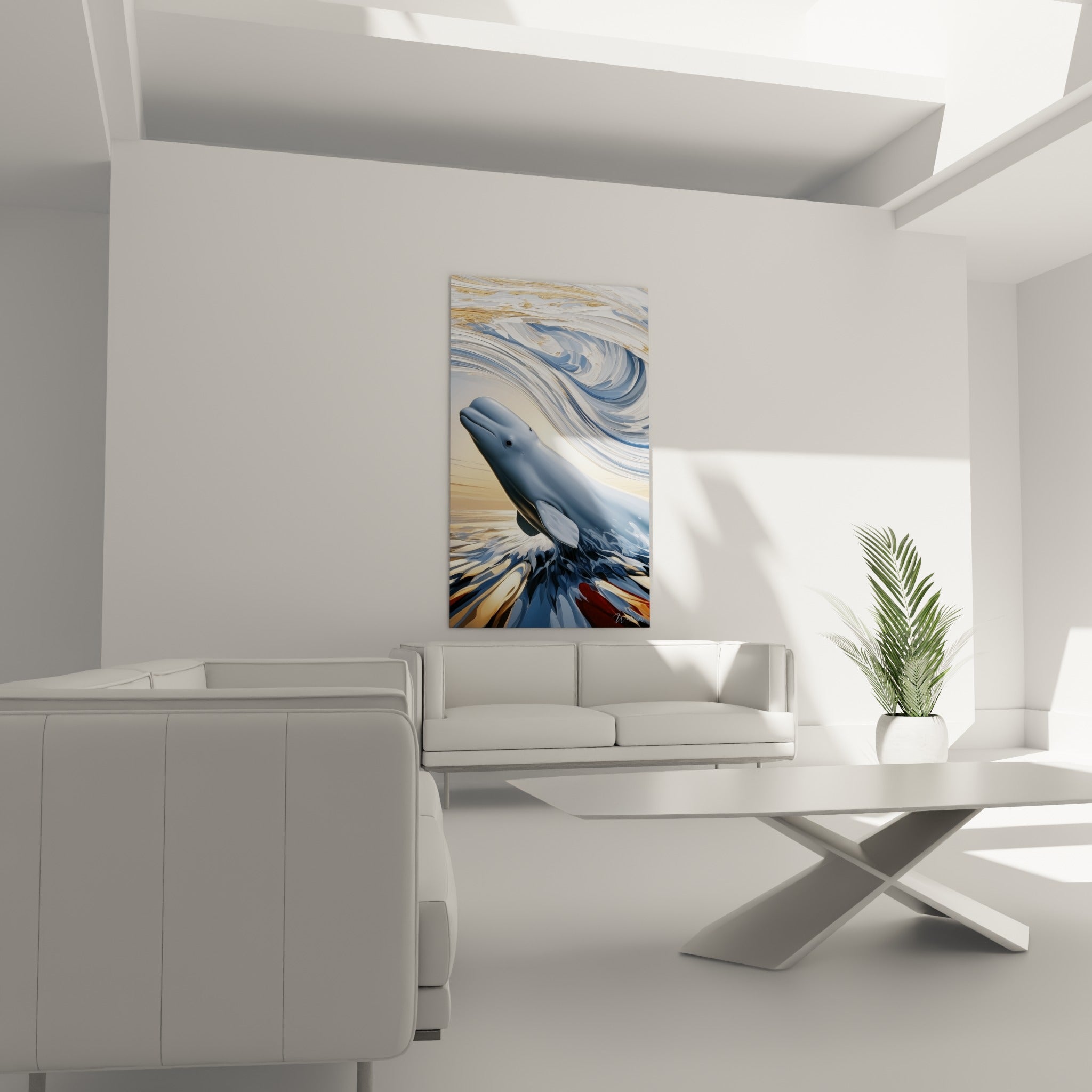 Cétacé bleu et doré émergeant des flots tourbillonnants, au-dessus d'un canapé dans un salon lumineux