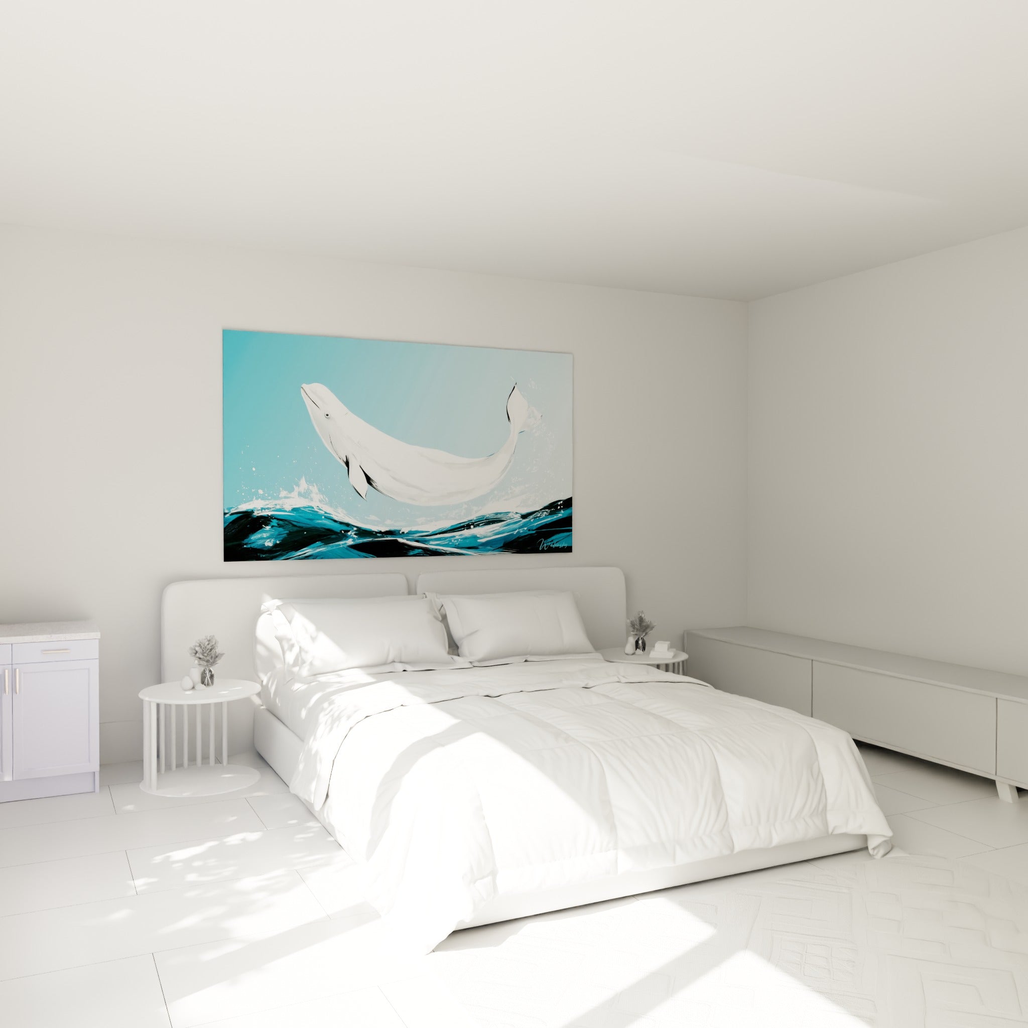 Silhouette de beluga blanc arquée au-dessus de vagues turquoise, accrochée au-dessus d'un lit dans une chambre claire
