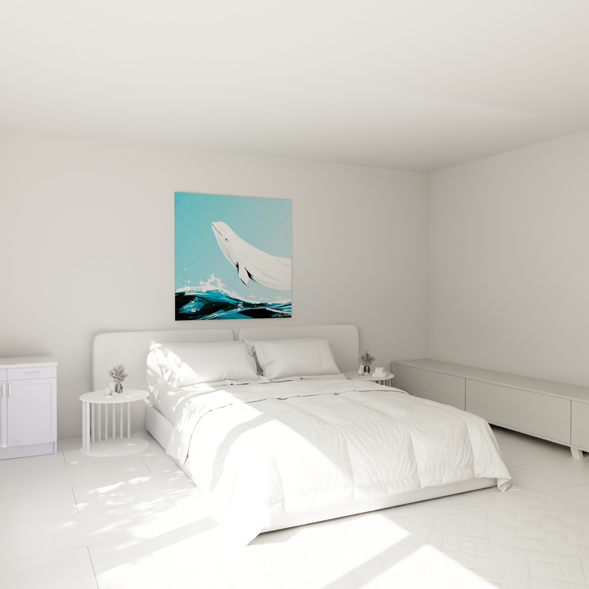 Beluga blanc bondissant hors des flots bleu marine, au-dessus d'un lit dans une chambre claire