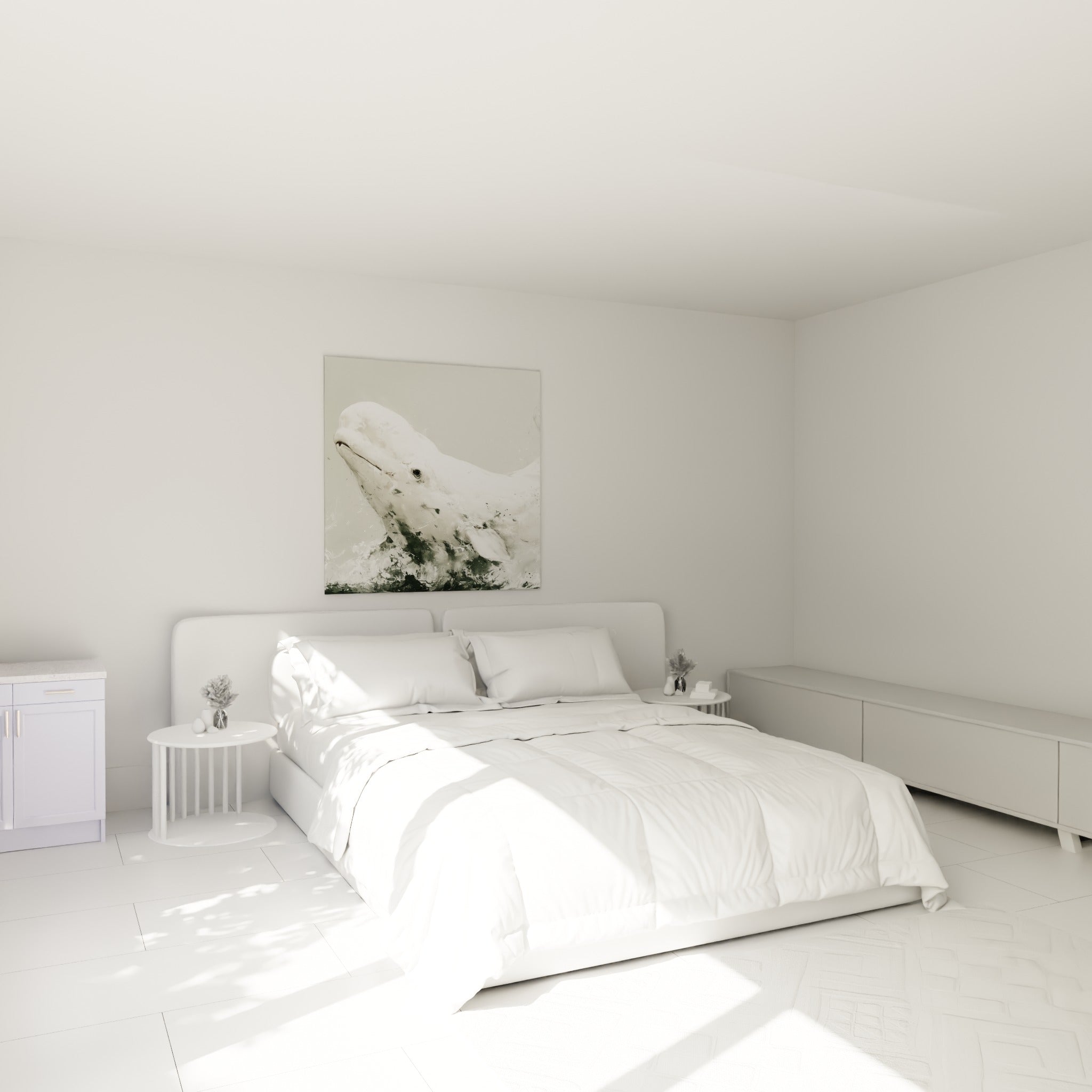 Cétacé blanc en plein saut, éclaboussures anthracite, accroché au-dessus d'un lit dans une chambre claire