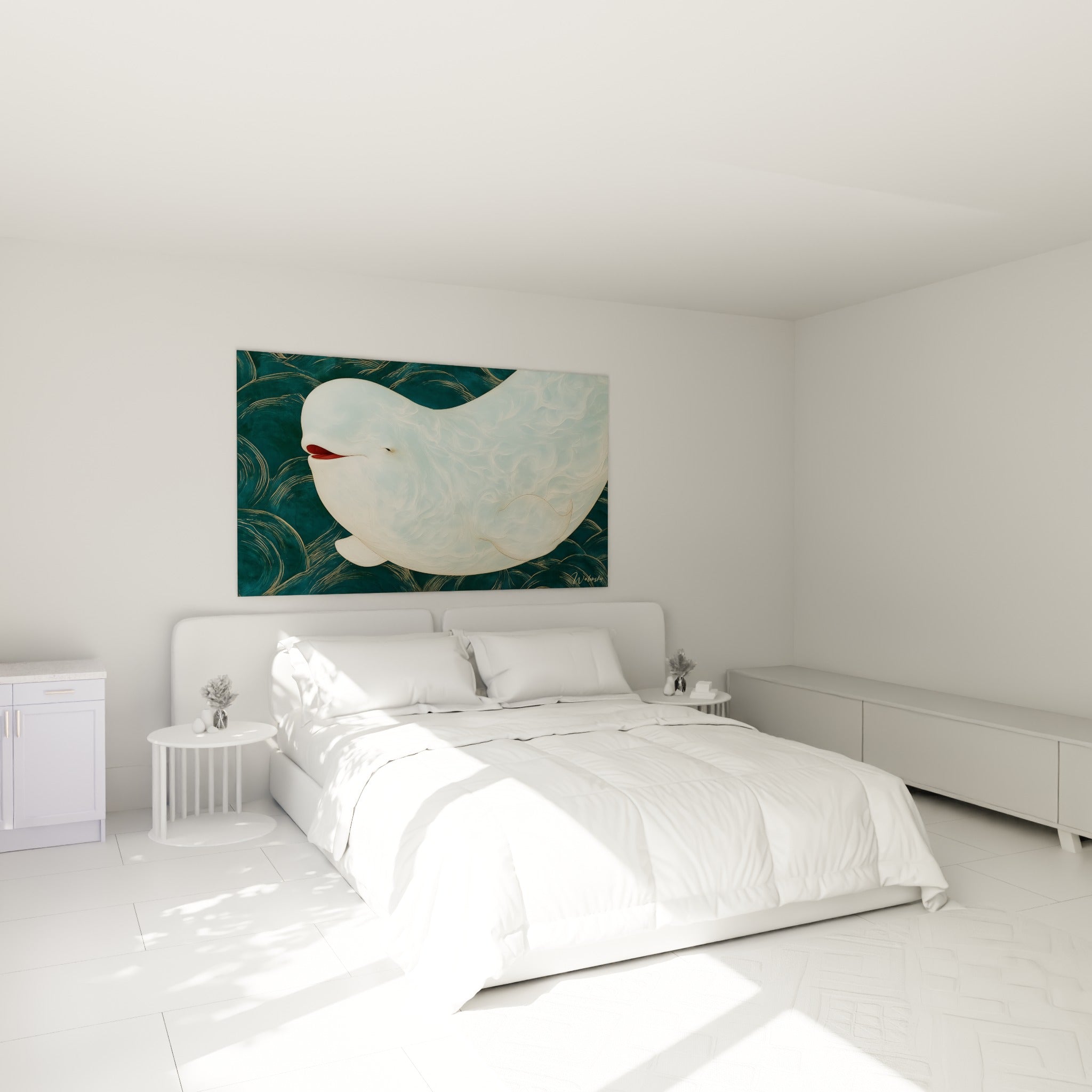 Cétacé blanc au sourire discret sur fond vert émeraude, accroché au-dessus d'un lit dans une chambre claire