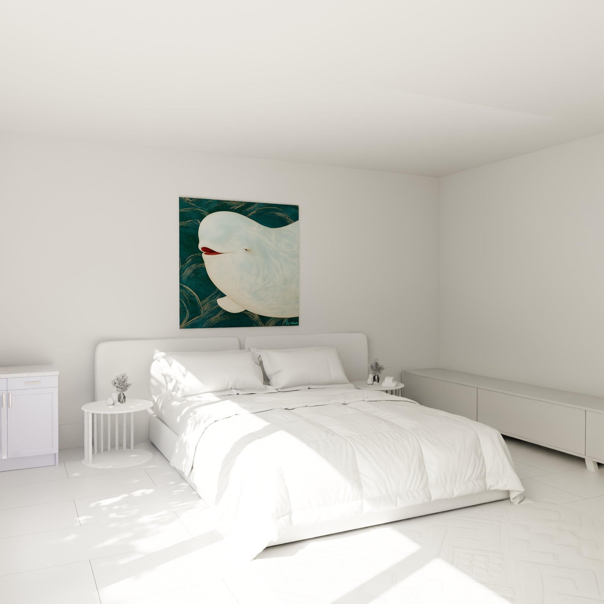 Sourire du beluga ivoire et bleu sarcelle accroché au-dessus d'un lit dans une chambre claire