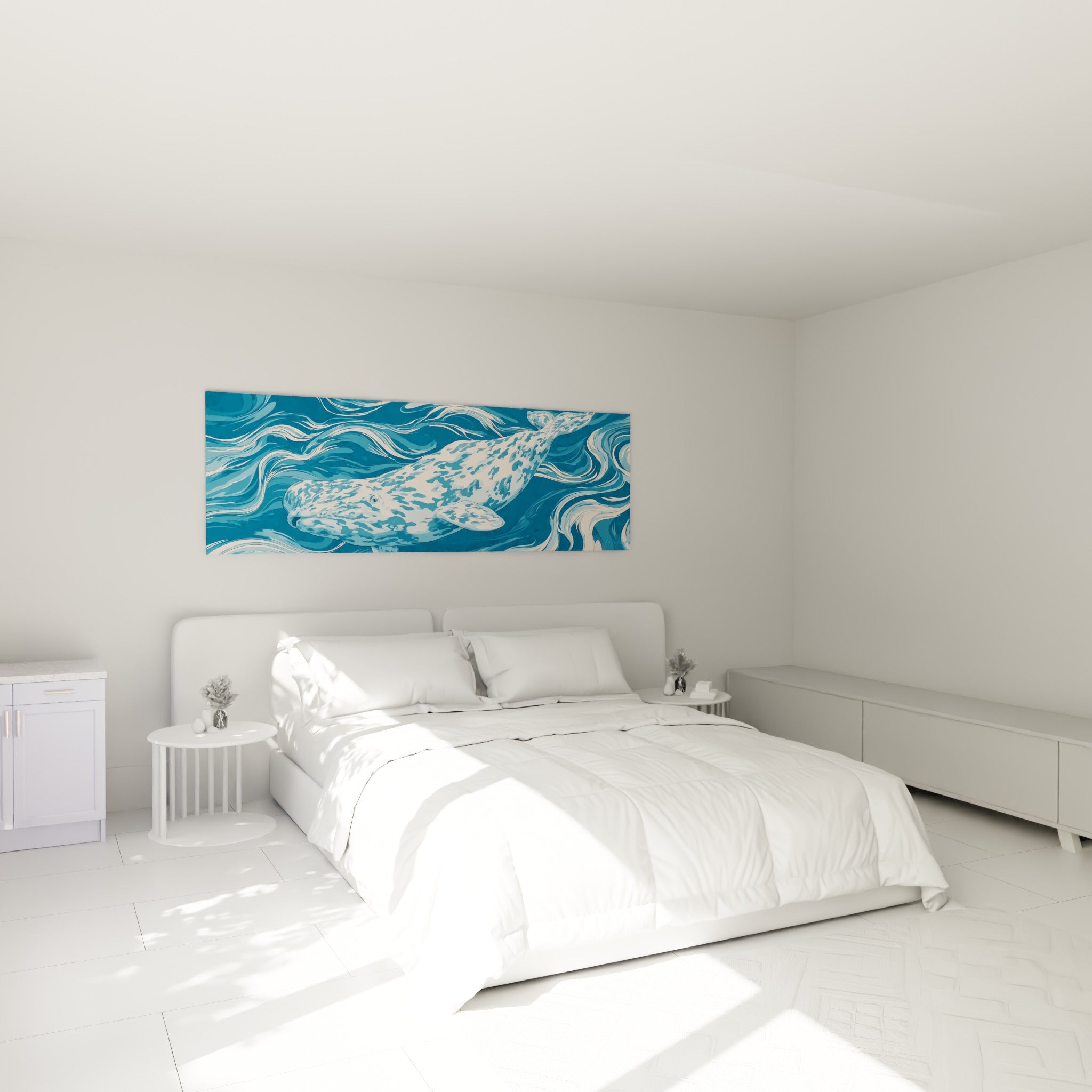 Beluga aux motifs bleu marine et blanc glissant dans l'eau, au-dessus d'un lit dans une chambre claire