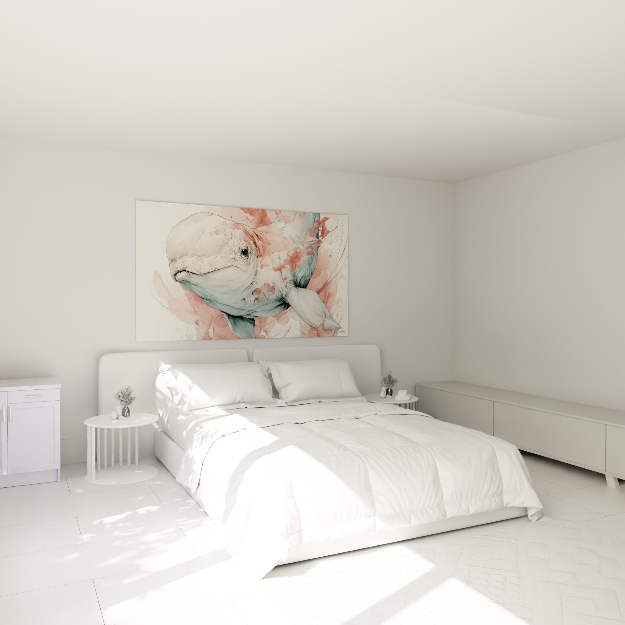 Silhouette de beluga terracotta et bleu ardoise, accrochée au-dessus d'un lit dans une chambre claire