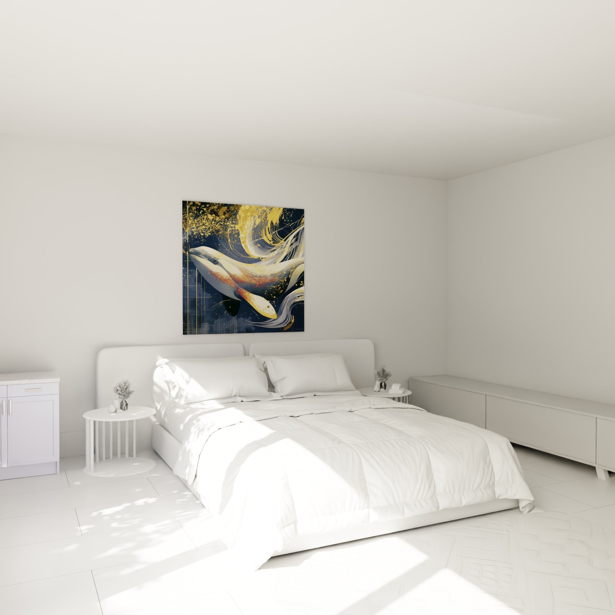 Cétacé doré et bleu marine en mouvement, accroché au-dessus d'un lit dans une chambre claire