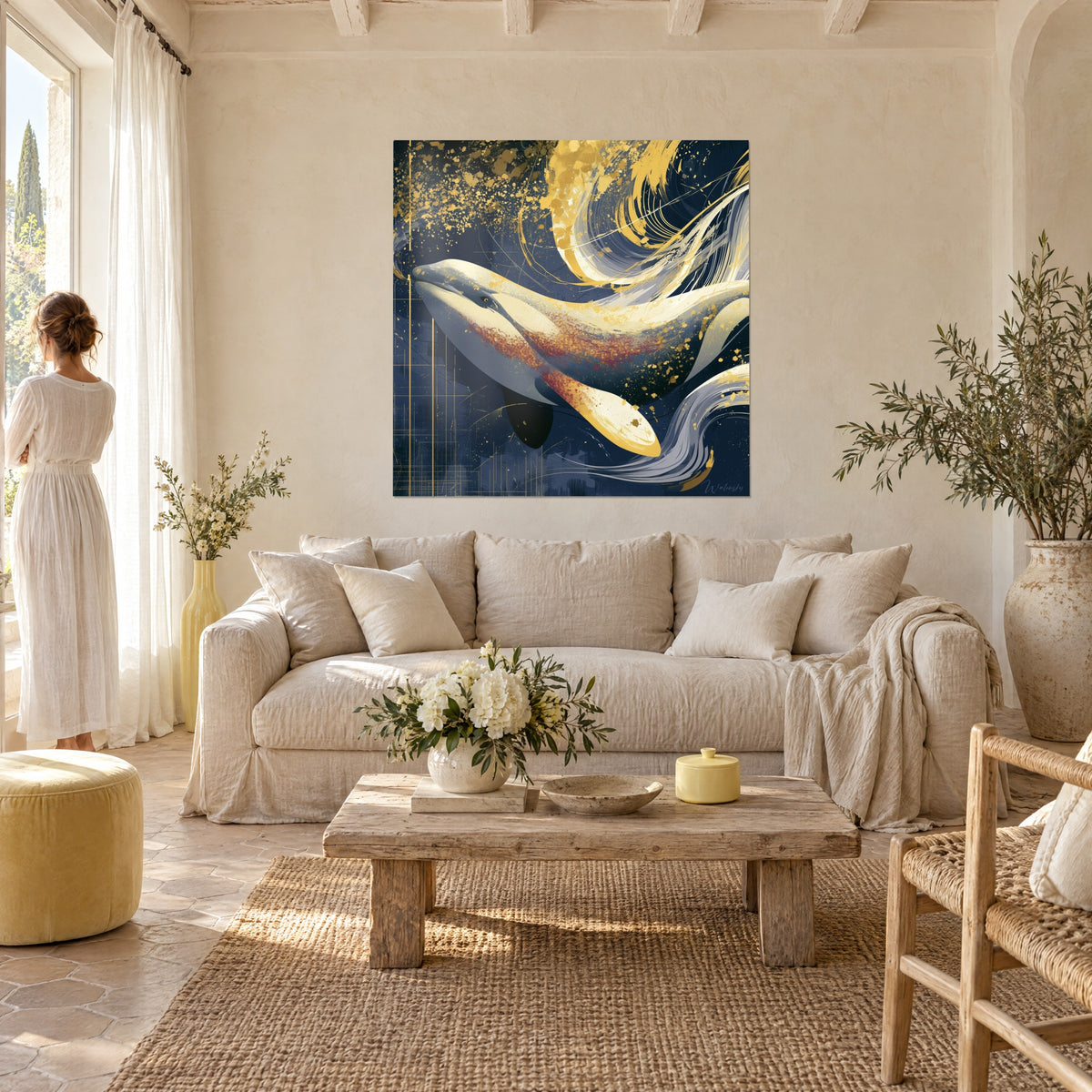 Tableau cétacé blanc crème aux éclats d'or sur fond bleu nuit, personne de dos, au-dessus d'un canapé dans un salon lumineux