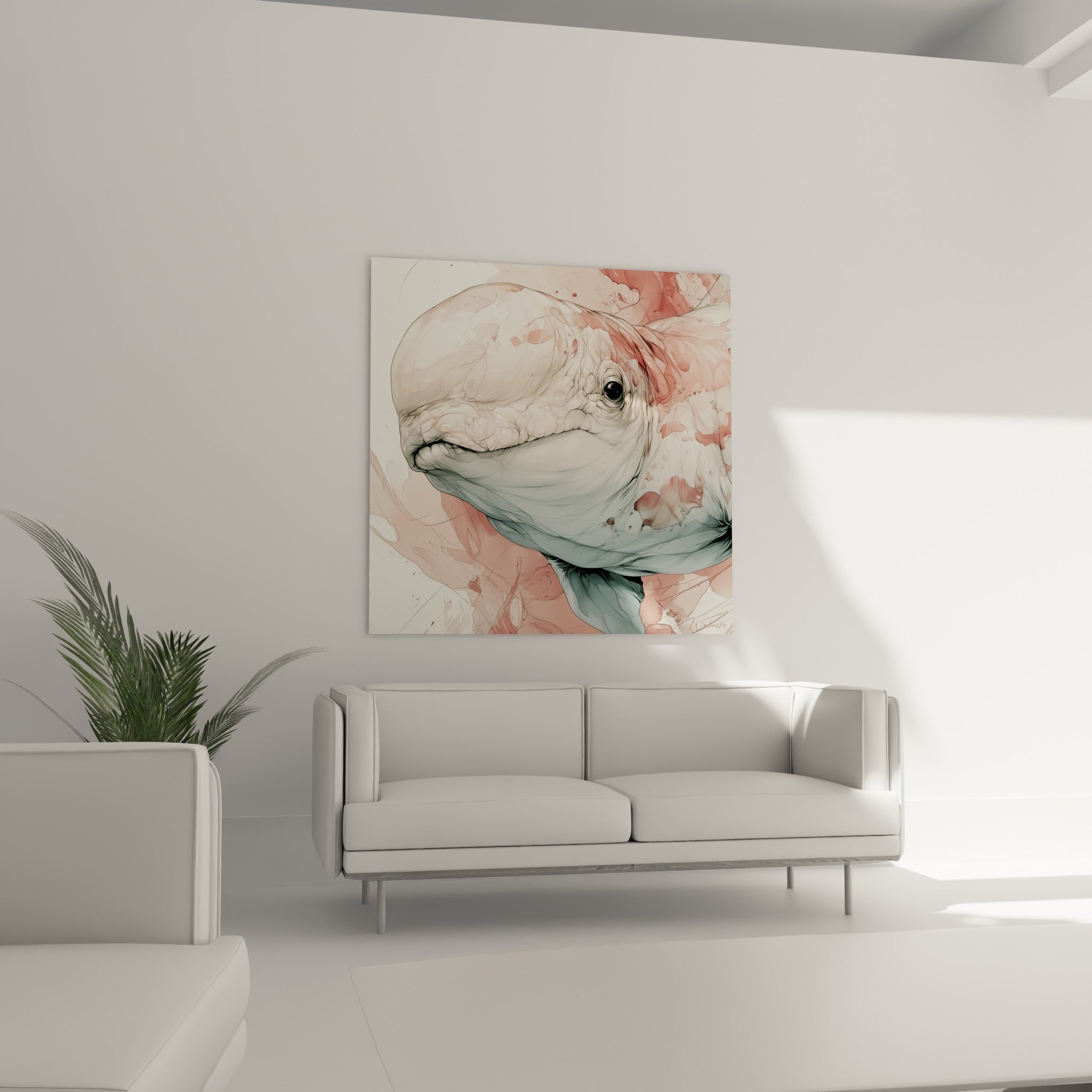 Beluga terracotta et bleu, tableau au-dessus d'un canapé dans un salon lumineux