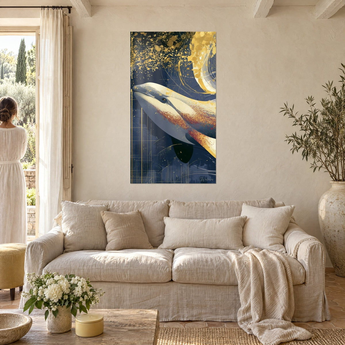 Quadro beluga bianco crema con schizzi dorati su fondo blu navy, donna di spalle, sopra un divano in un soggiorno luminoso