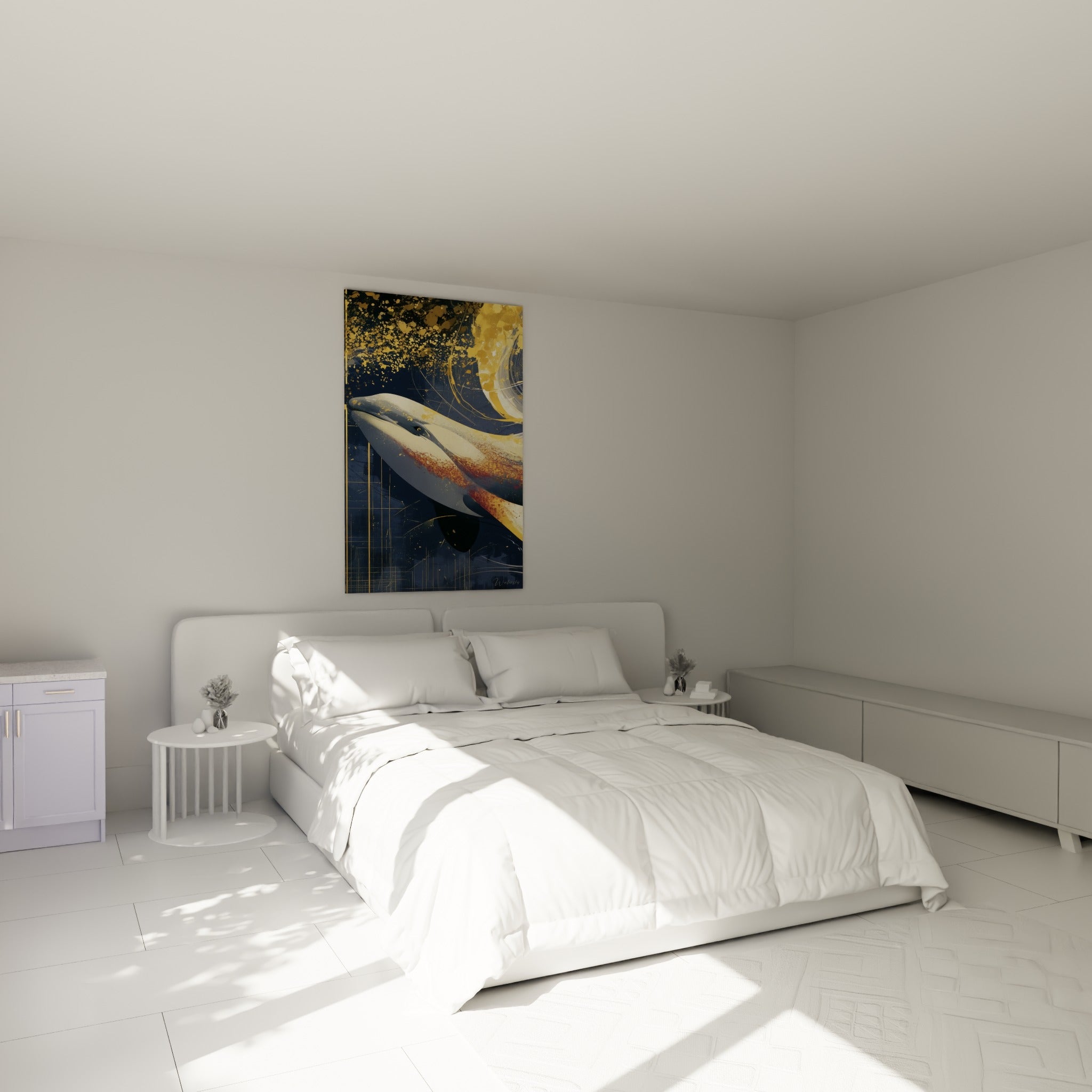 Créature marine aux reflets terracotta et dorés au-dessus d'un lit dans une chambre claire