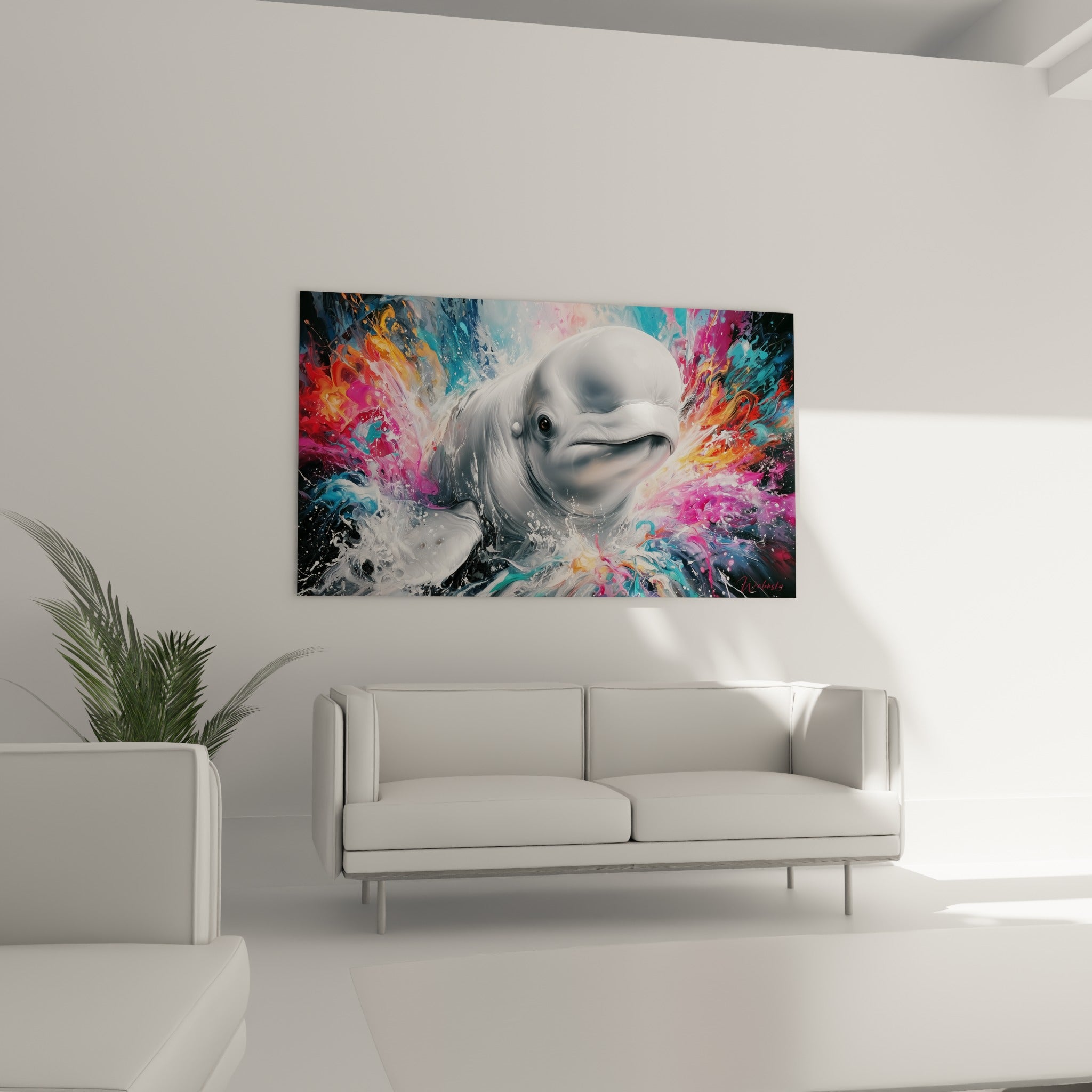 Tête de beluga blanche cernée d'éclats magenta et bleu, suspendue au-dessus d'un canapé dans un salon lumineux