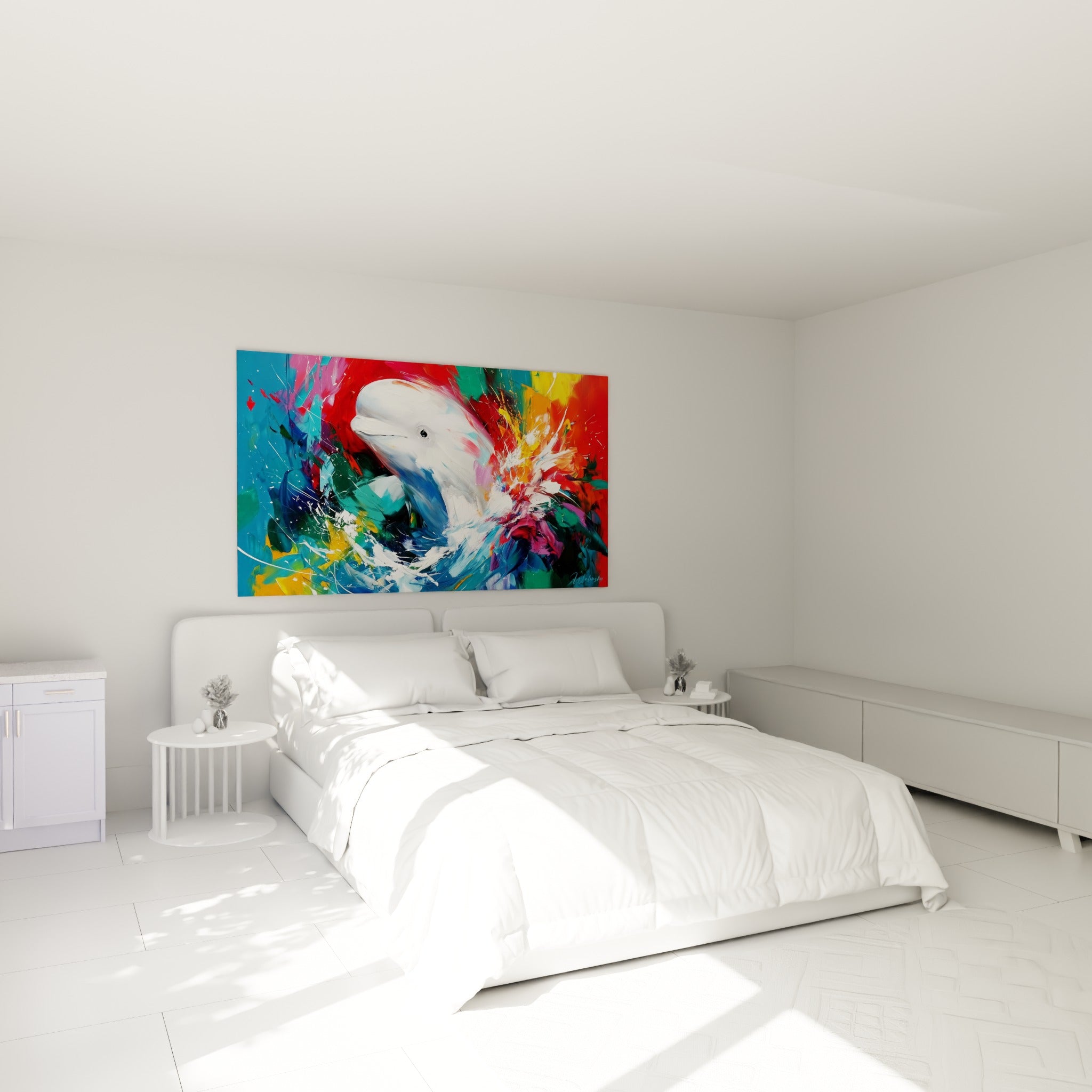 Tête de beluga blanche entourée de rouge et doré, accrochée au-dessus d'un lit dans une chambre claire