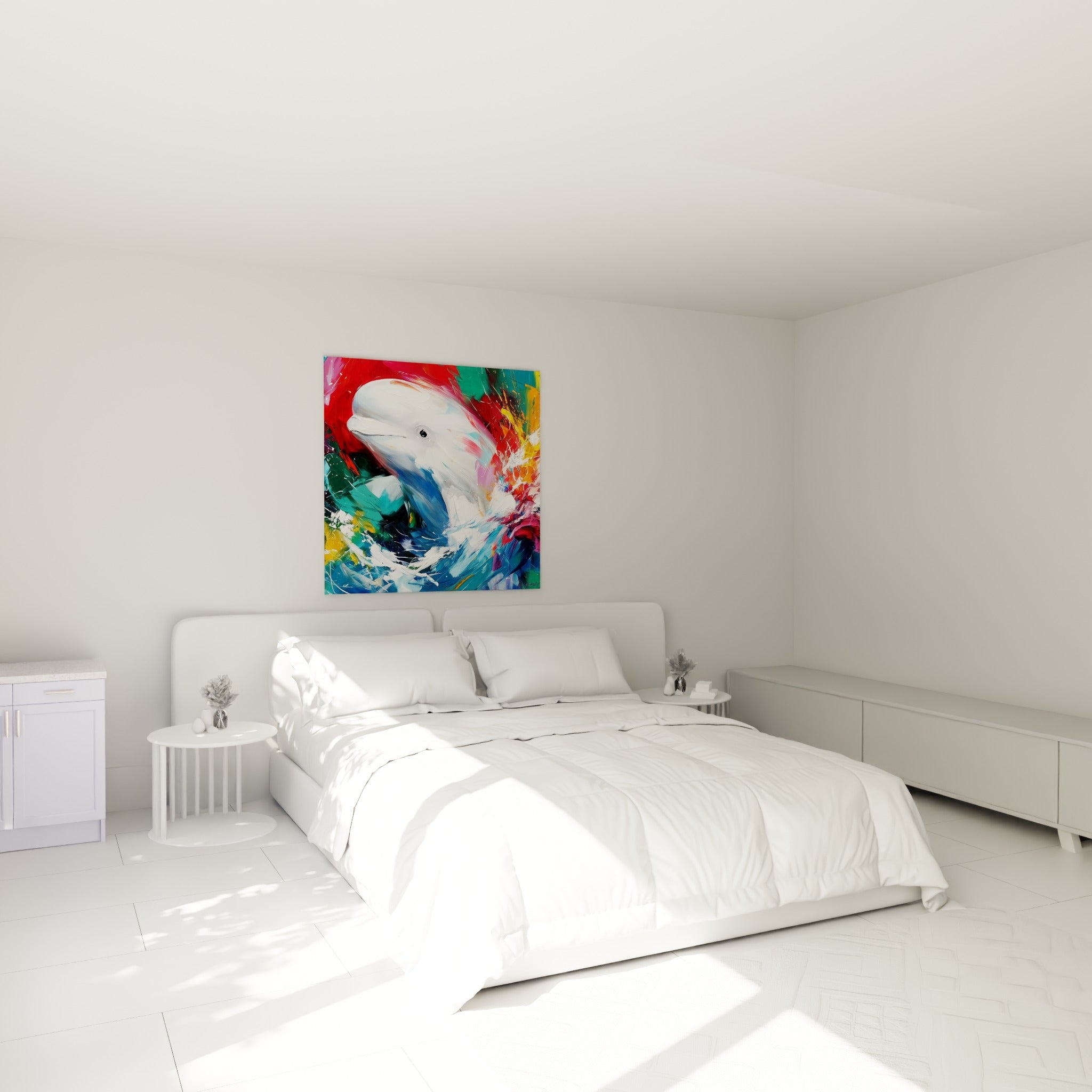 Créature marine blanche cernée de rouge vif et turquoise, accrochée au-dessus d'un lit dans une chambre claire