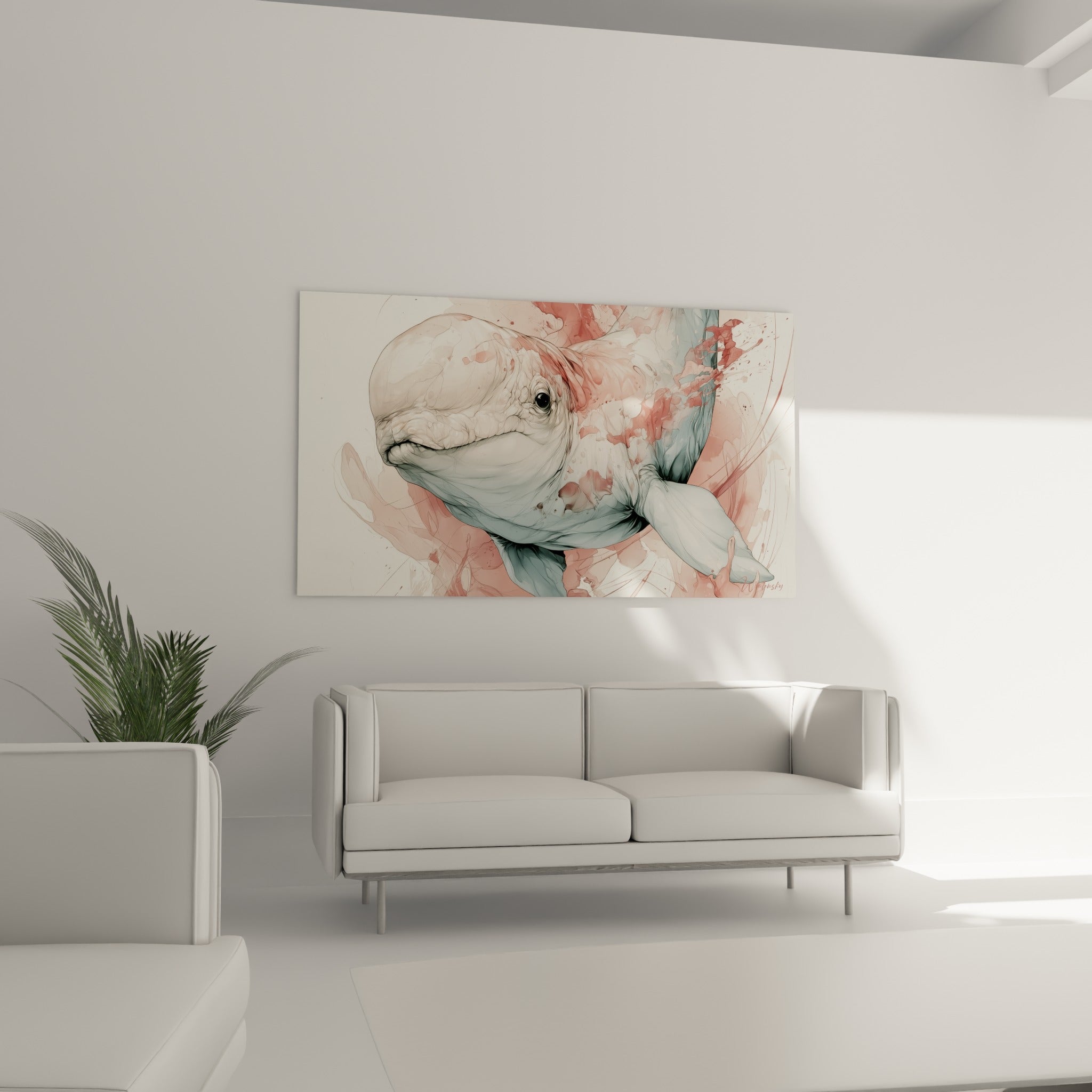 Tête de beluga aux teintes rose poudré et bleu-gris, suspendue au-dessus d'un canapé dans un salon lumineux