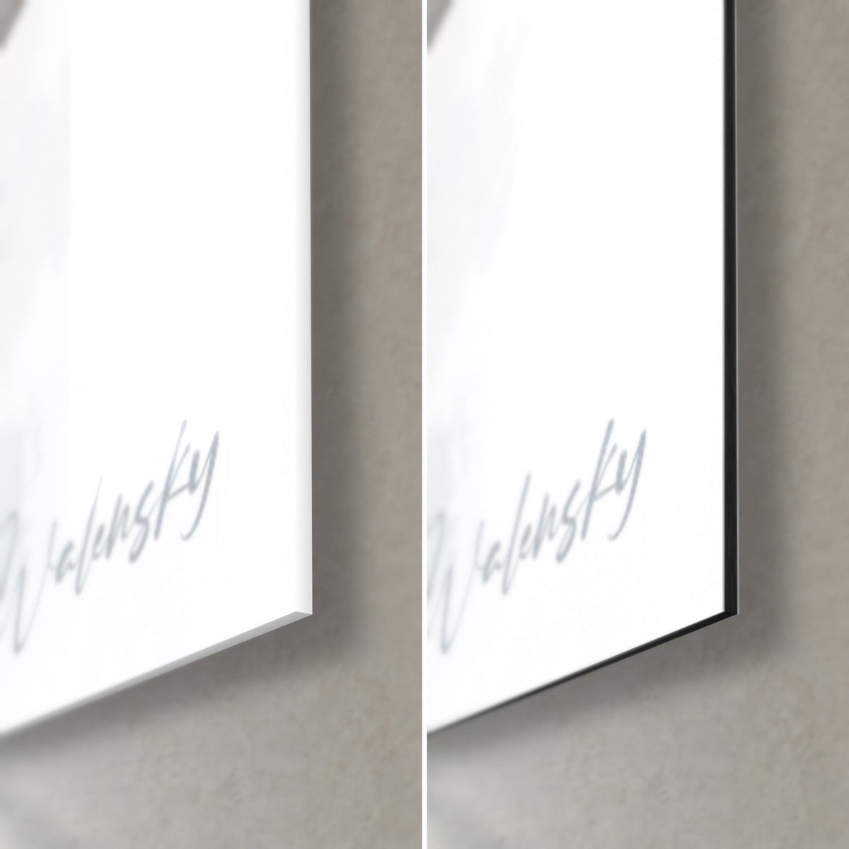 Quadro Beluga bianco e grigio, angolo in basso a destra: acrilico lucido e riflessi, alluminio Dibond opaco, spessore 3 mm