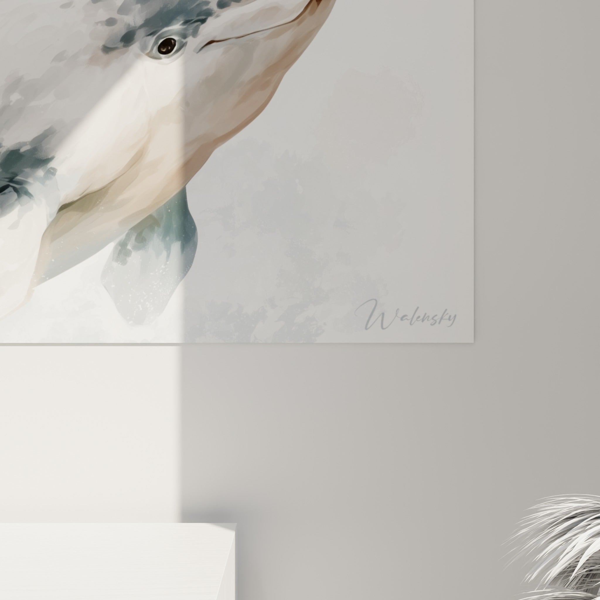 Empâtements aquarelle gris perle et anthracite dévoilant la texture fondue de la peau du beluga