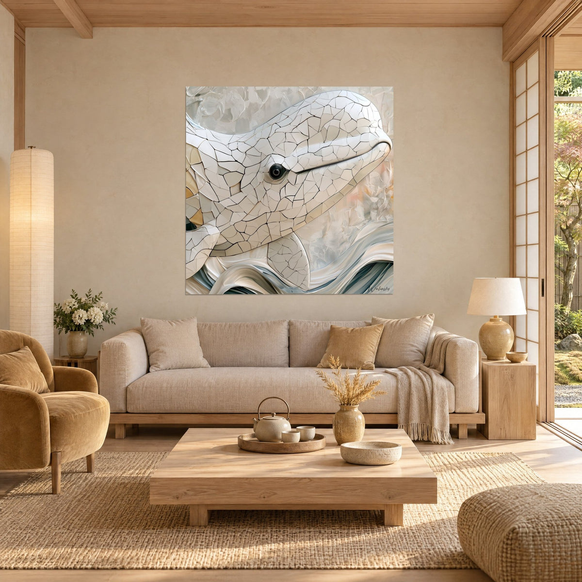 Schilderij beluga in mozaïek van ivoor en zand, glanzend zwart oog, grijze parelmoeren golven, boven een bank in een lichte woonkamer