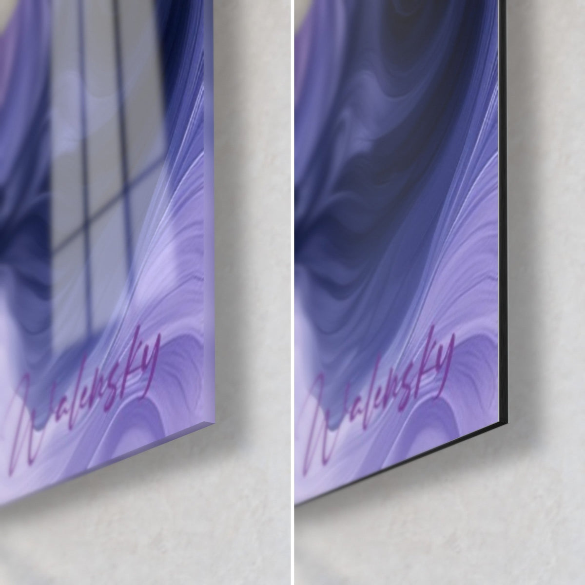 Schilderij witte walvis, rechter onderhoek: glanzend acrylglas links, mat Dibond rechts, rand van 3 mm