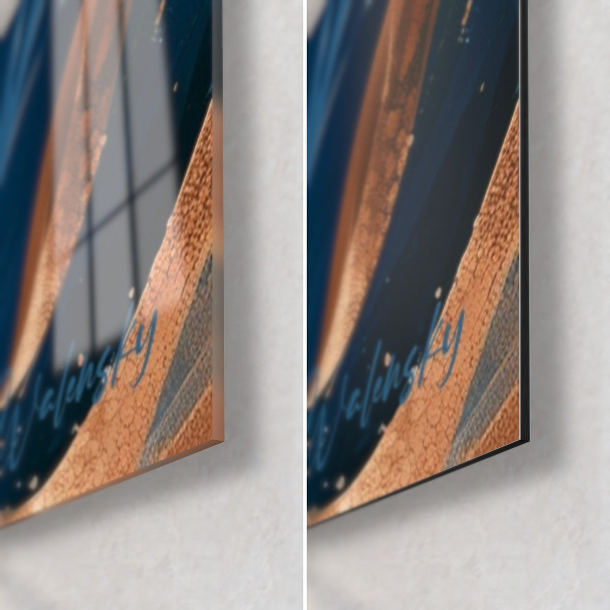 Tableau béluga bleu nuit et cuivre, coin bas droit : verre acrylique brillant à gauche, alu Dibond mat à droite, tranche de 3 mm