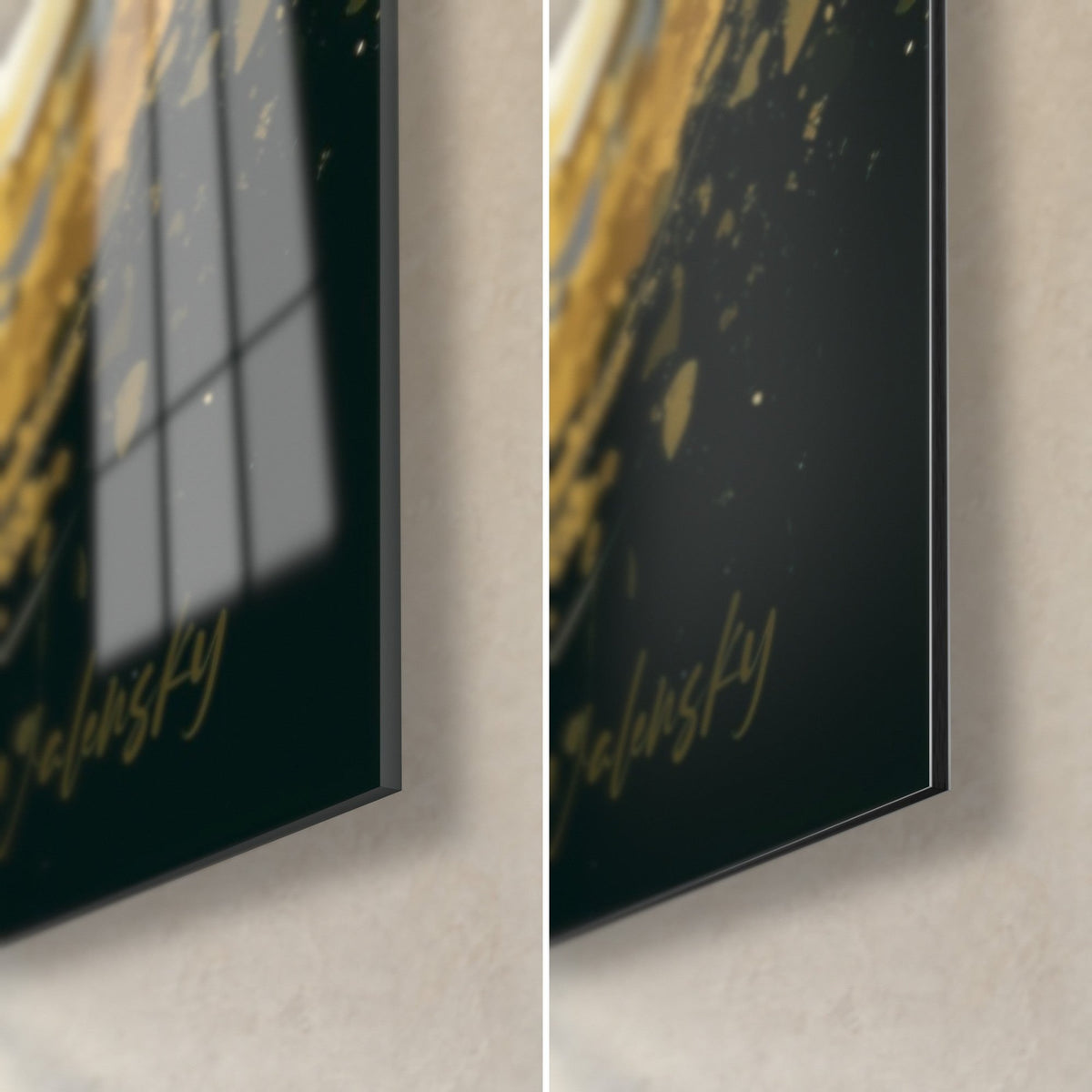 Tableau baleine blanche aux éclats d'or, coin bas droit : verre acrylique brillant à gauche, alu Dibond mat à droite, tranche de 3 mm