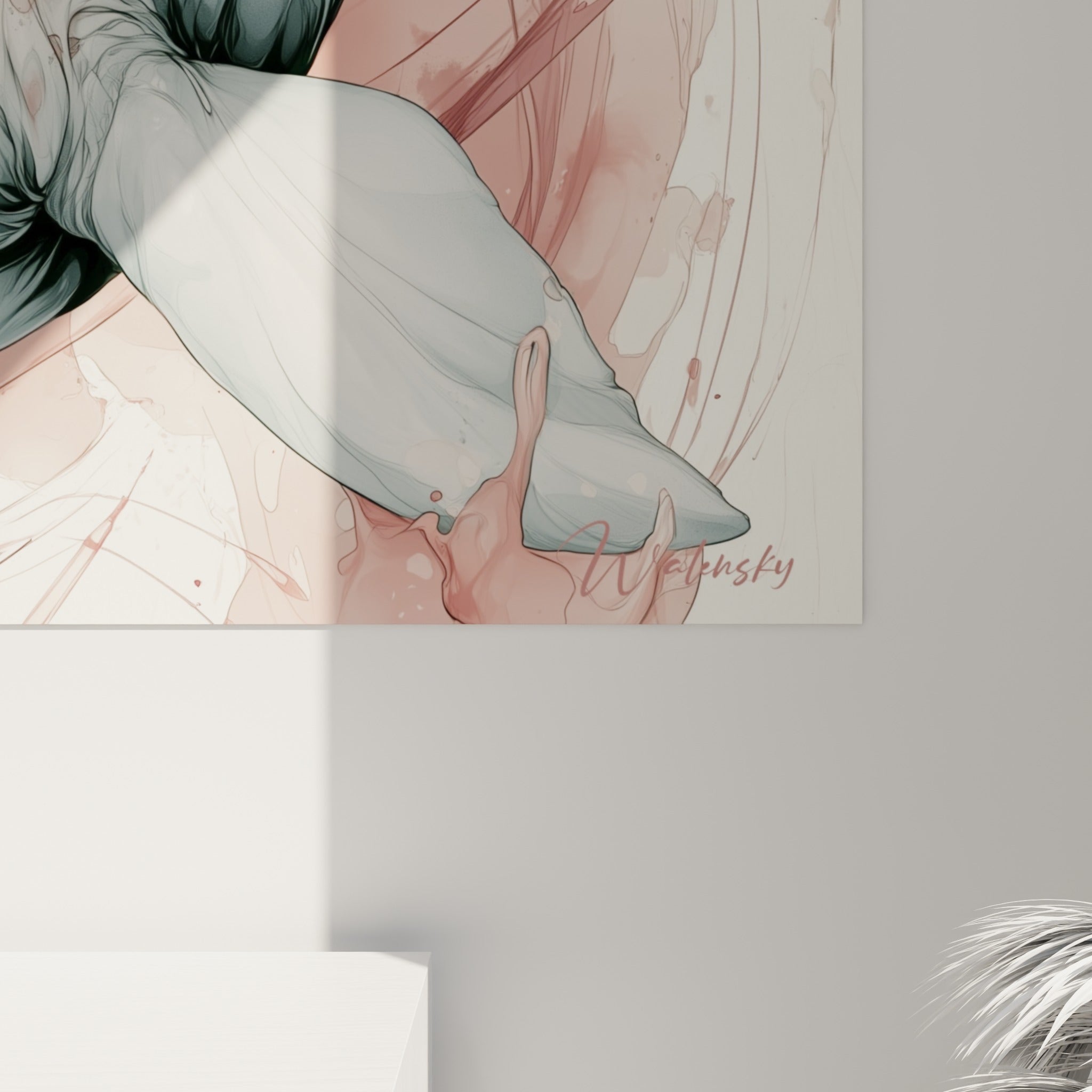 Grain de l'aquarelle sur ce beluga, coulures terracotta et bleu ardoise se fondant sur la toile