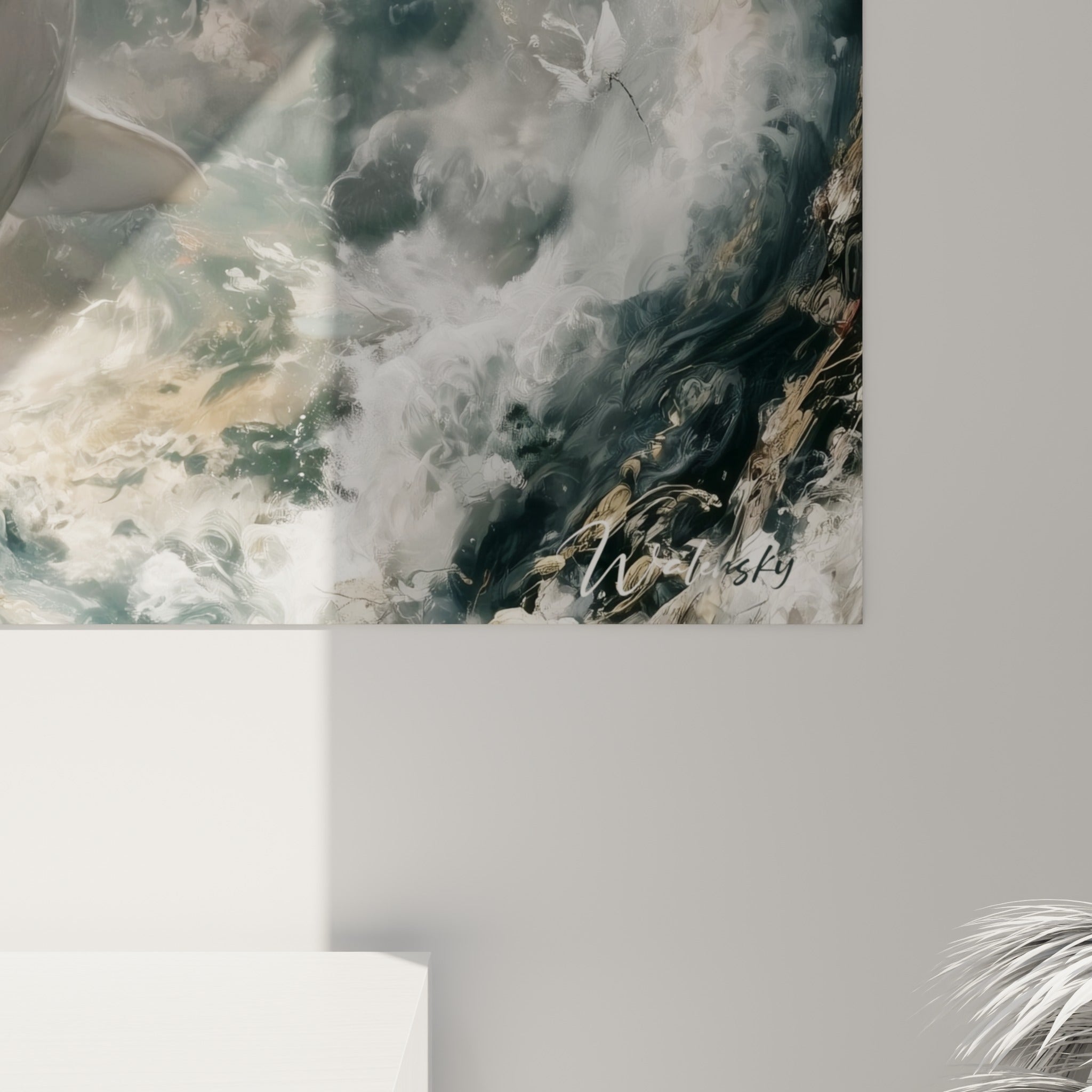 Détail des empâtements blancs et anthracite figurant les tourbillons d'eau autour du beluga