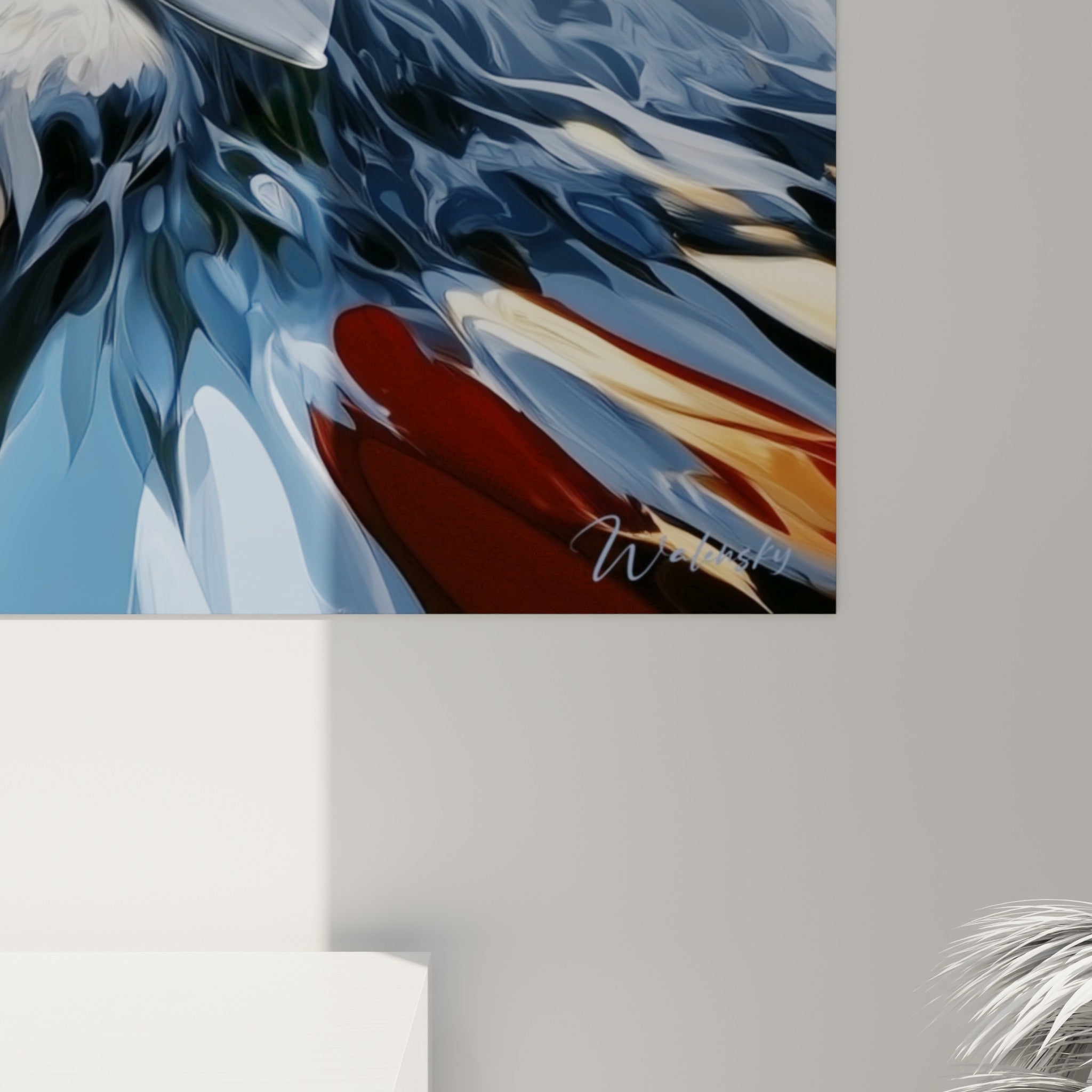 Empâtements dorés et bleus se mêlant en gros plan sur la texture ondulée de cette toile marine
