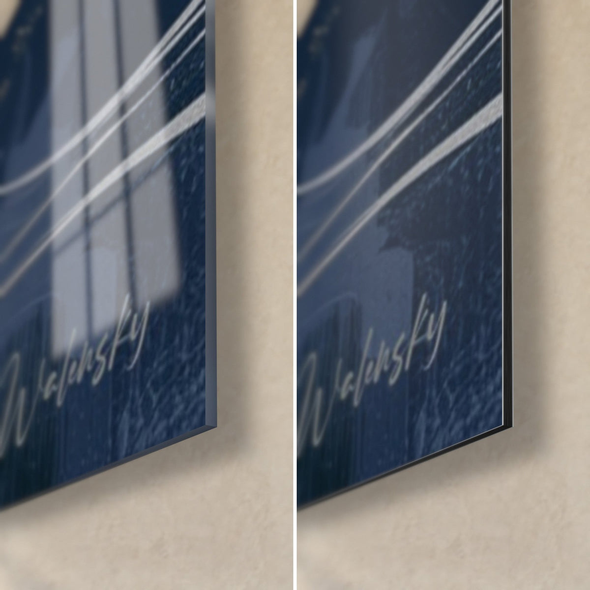 Quadro balena bianca su fondo blu notte, angolo in basso a destra: vetro lucido con riflessi, Dibond opaco, bordo da 3 mm