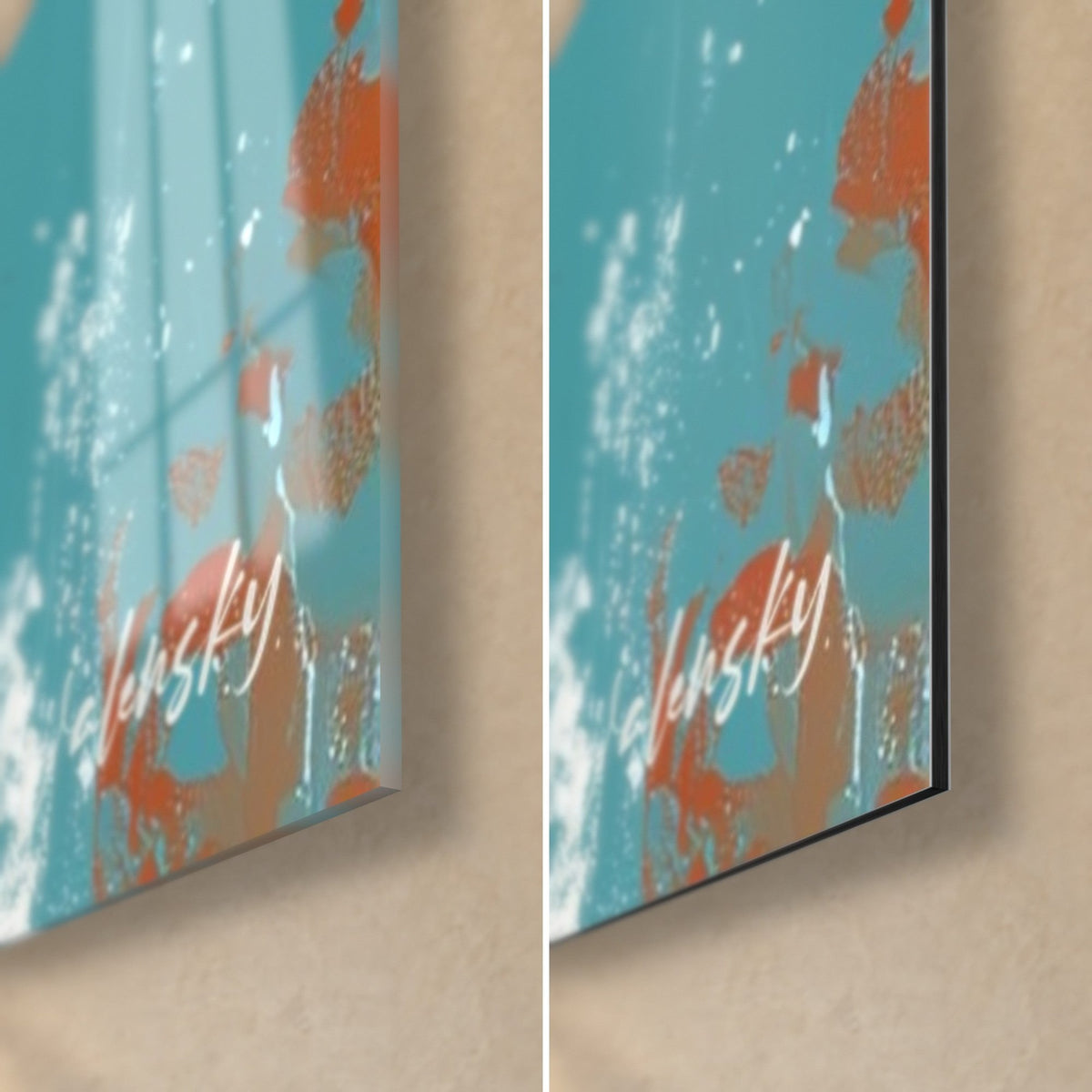 Schilderij gestileerde witte walvis, rechtsonder: glanzend acrylglas links, mat Dibond-aluminium rechts, 3 mm rand, petrolblauwe en oranje accenten