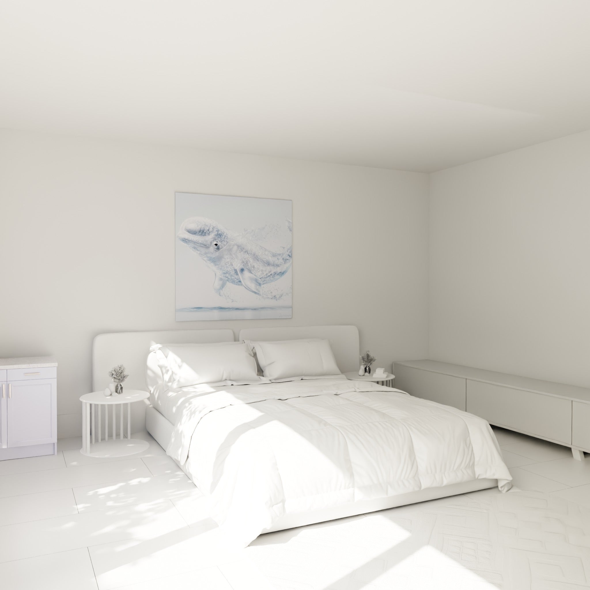 Créature marine cristalline blanc argenté et anthracite au-dessus d'un lit dans une chambre claire