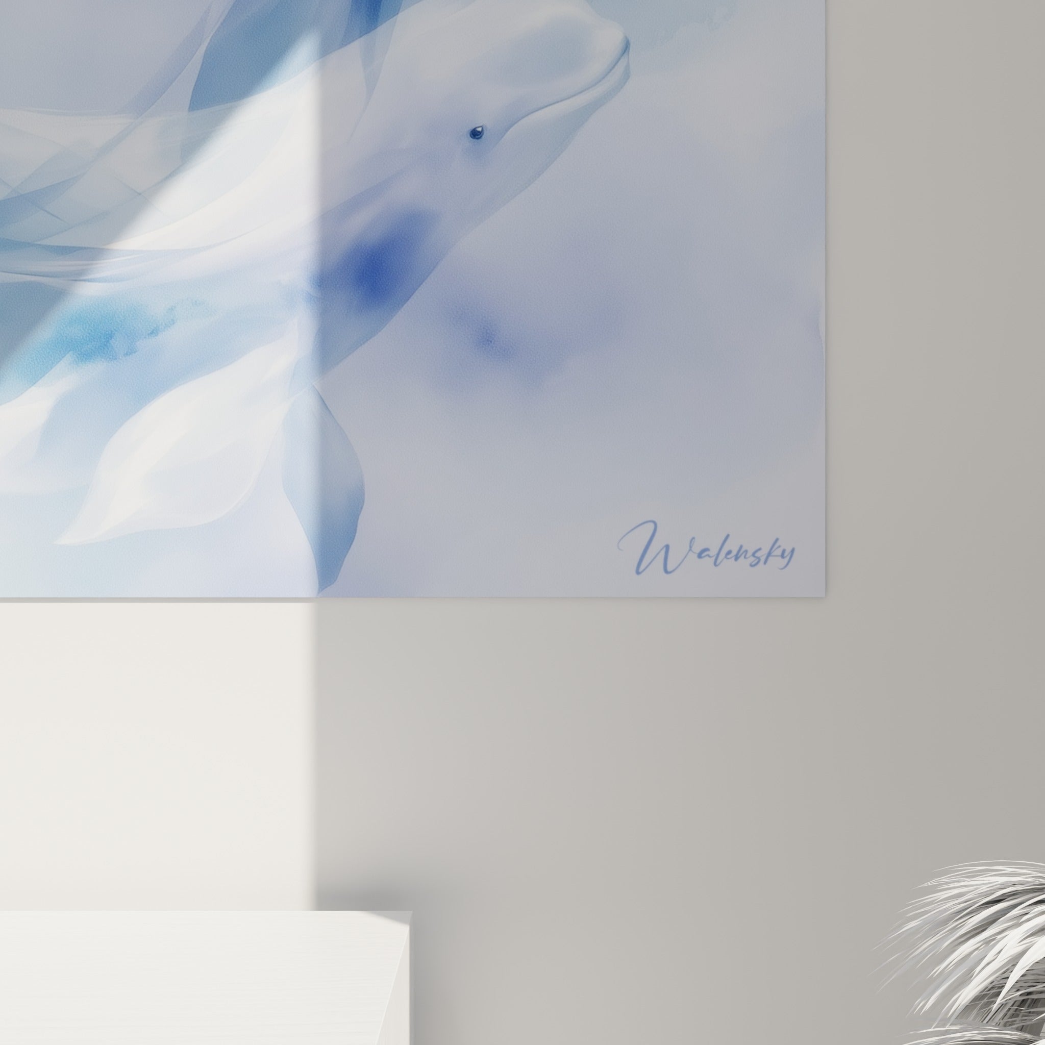 Détail des voiles translucides du beluga, grain aquarelle mêlant bleu pastel et touches de bleu marine