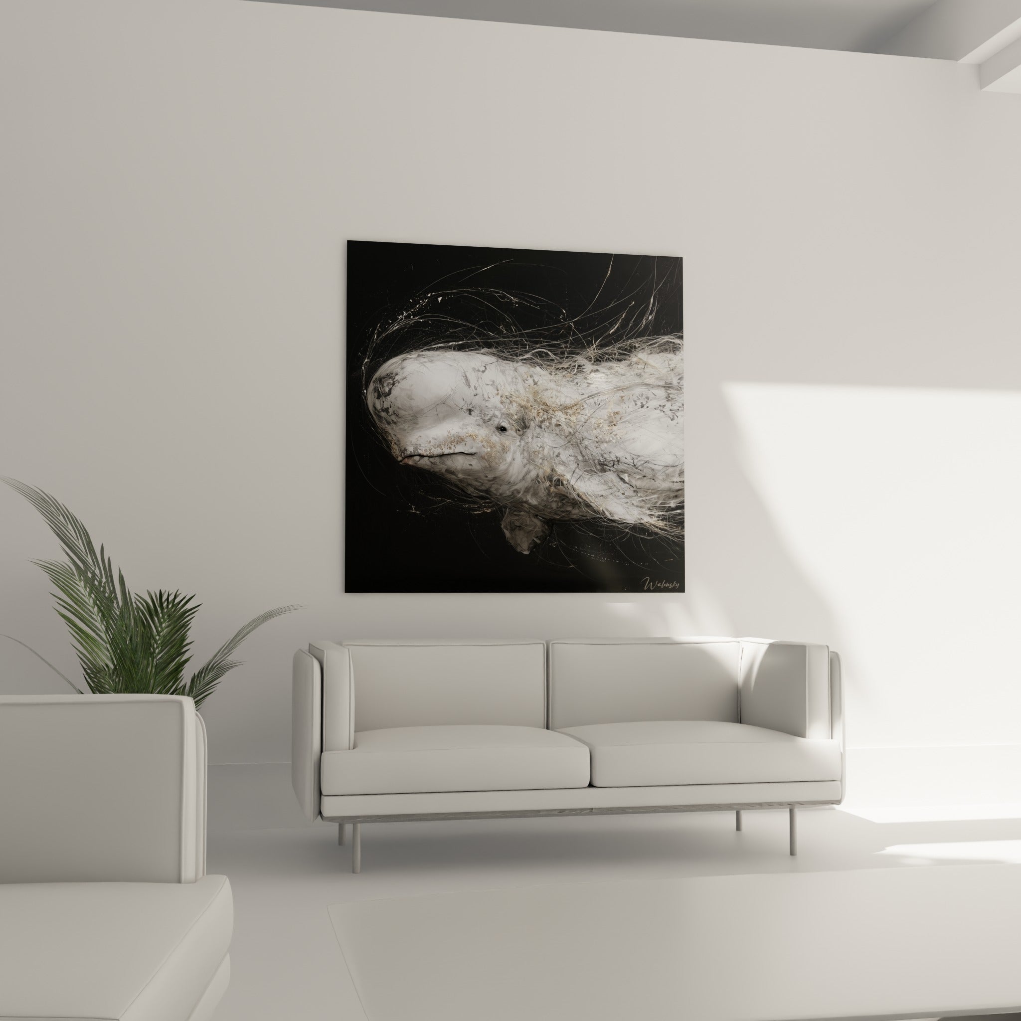 Beluga anthracite et blanc à la texture granuleuse, suspendu au-dessus d'un canapé dans un salon lumineux