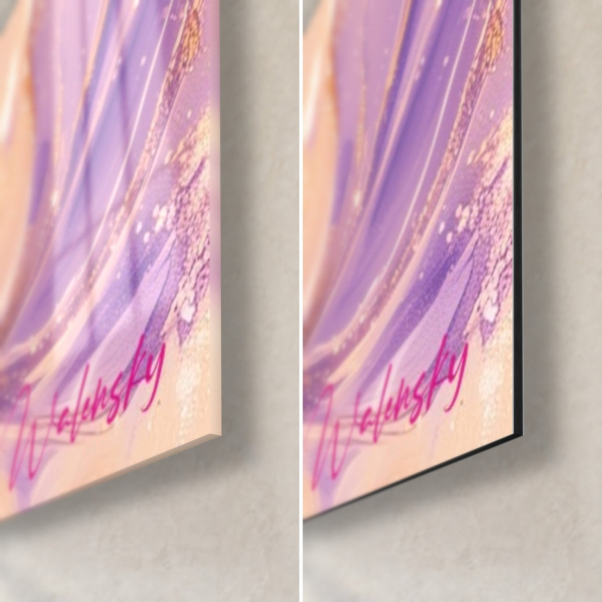 Schilderij beluga in lila en goud, rechtsonder: glanzend glas links, mat Dibond-aluminium rechts, rand van 3 mm