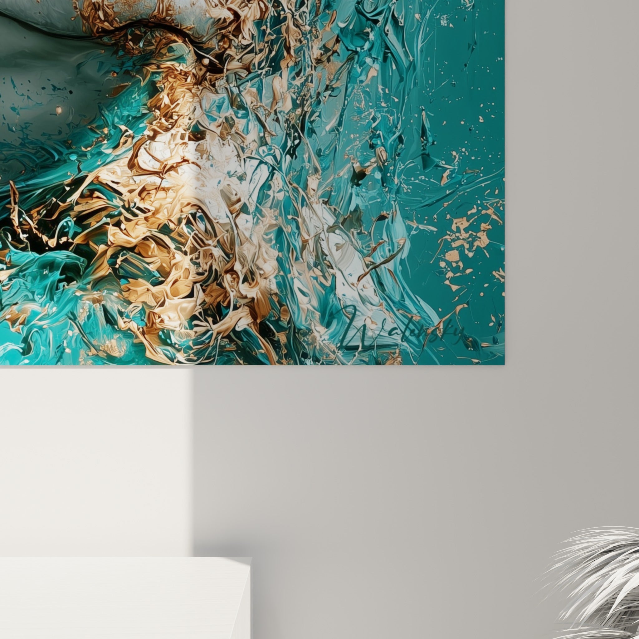 Empâtements cuivrés et coulures bleu profond se mêlant sur la texture épaisse de la toile encadrée